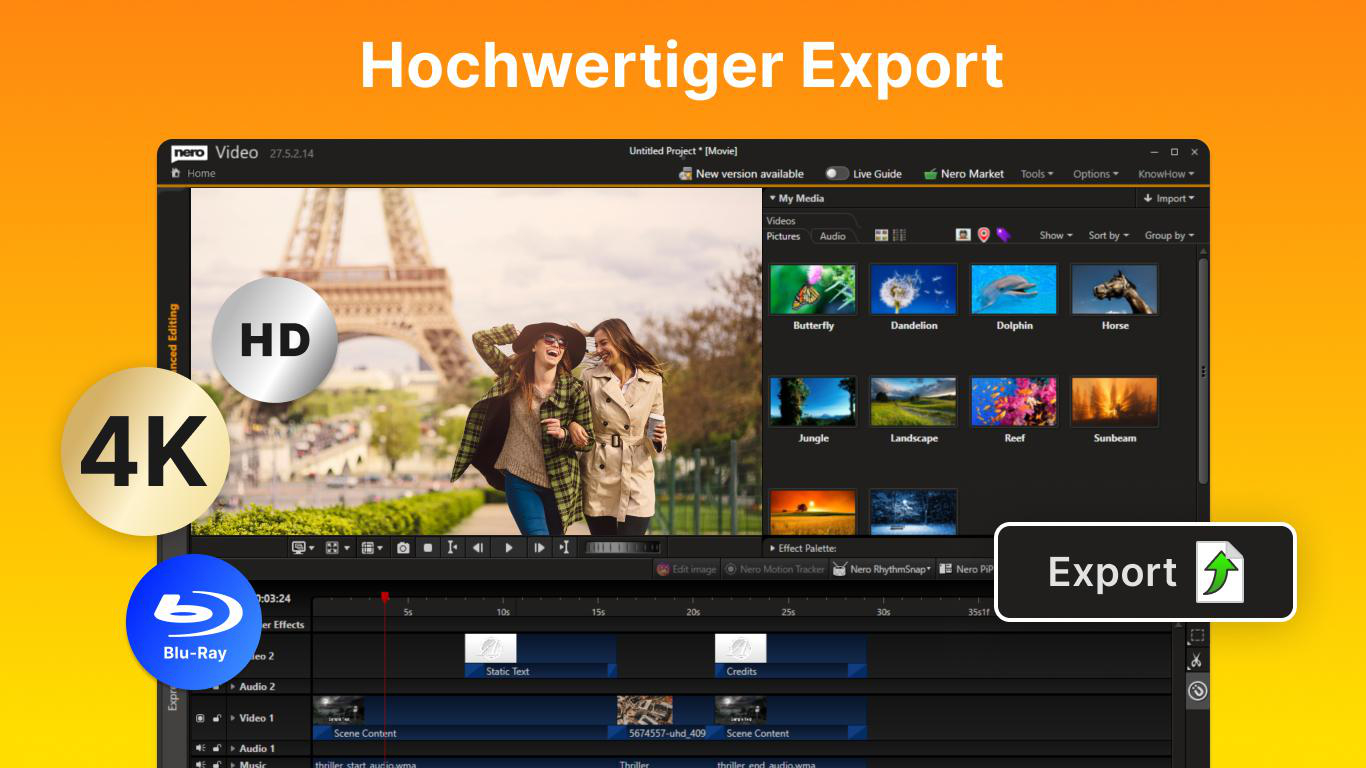 Nero Video Software mit HD/4K Export, Videobearbeitung und Blu-Ray-Symbol.