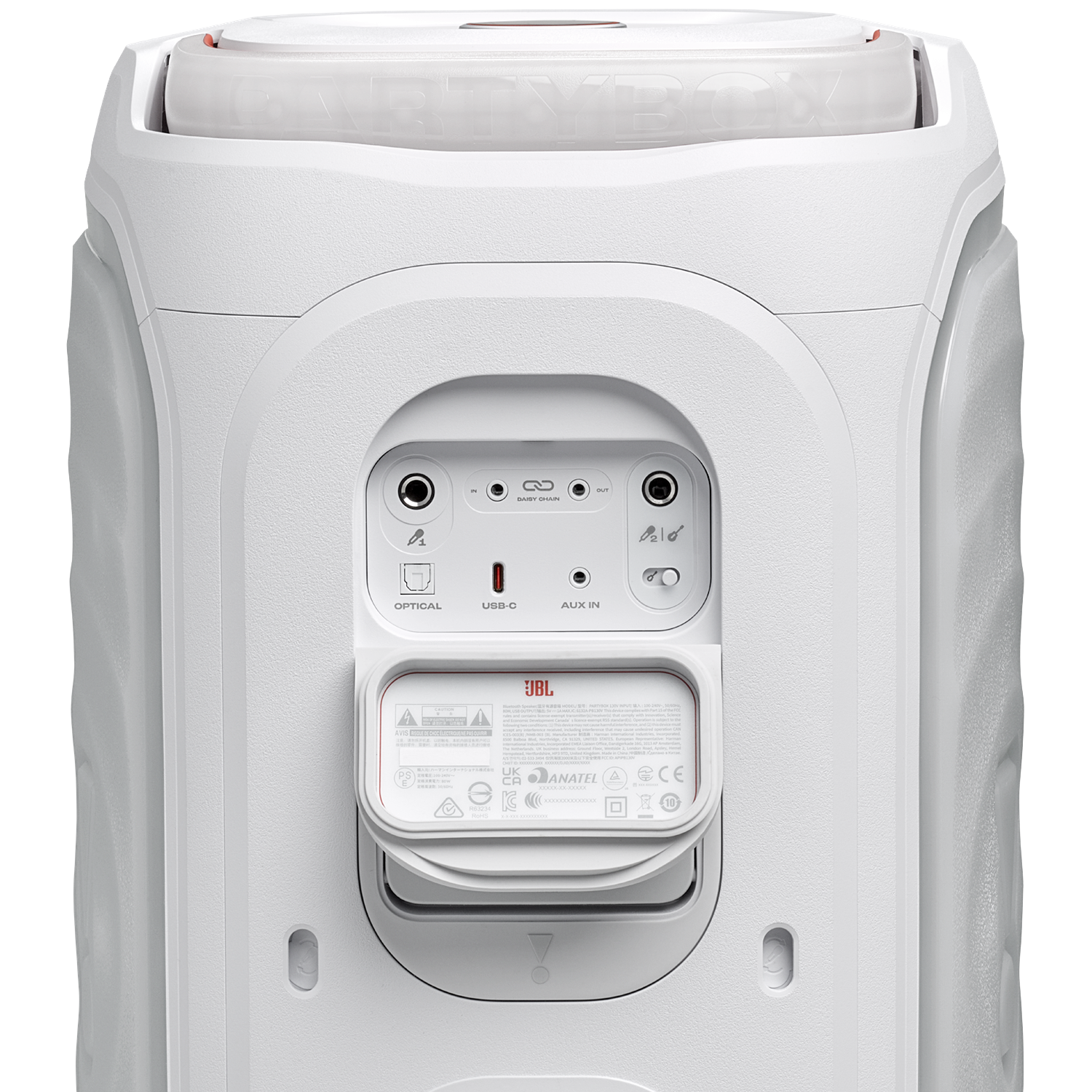Witte JBL Partybox met poorten: Optisch, USB-C, Aux In. Inclusief certificeringen.