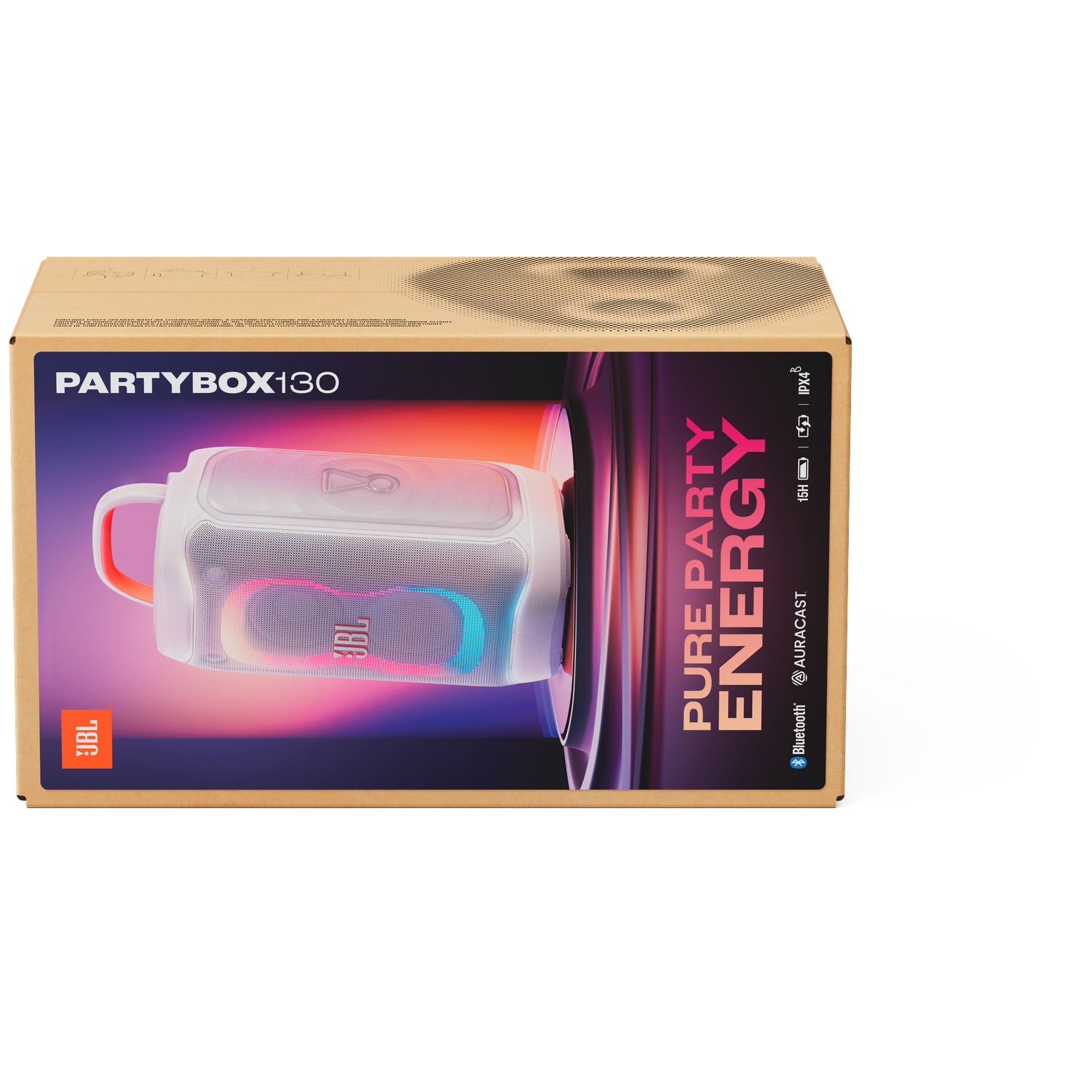 JBL Partybox 130 luidsprekerverpakking met verlichte luidspreker en verloopachtergrond.