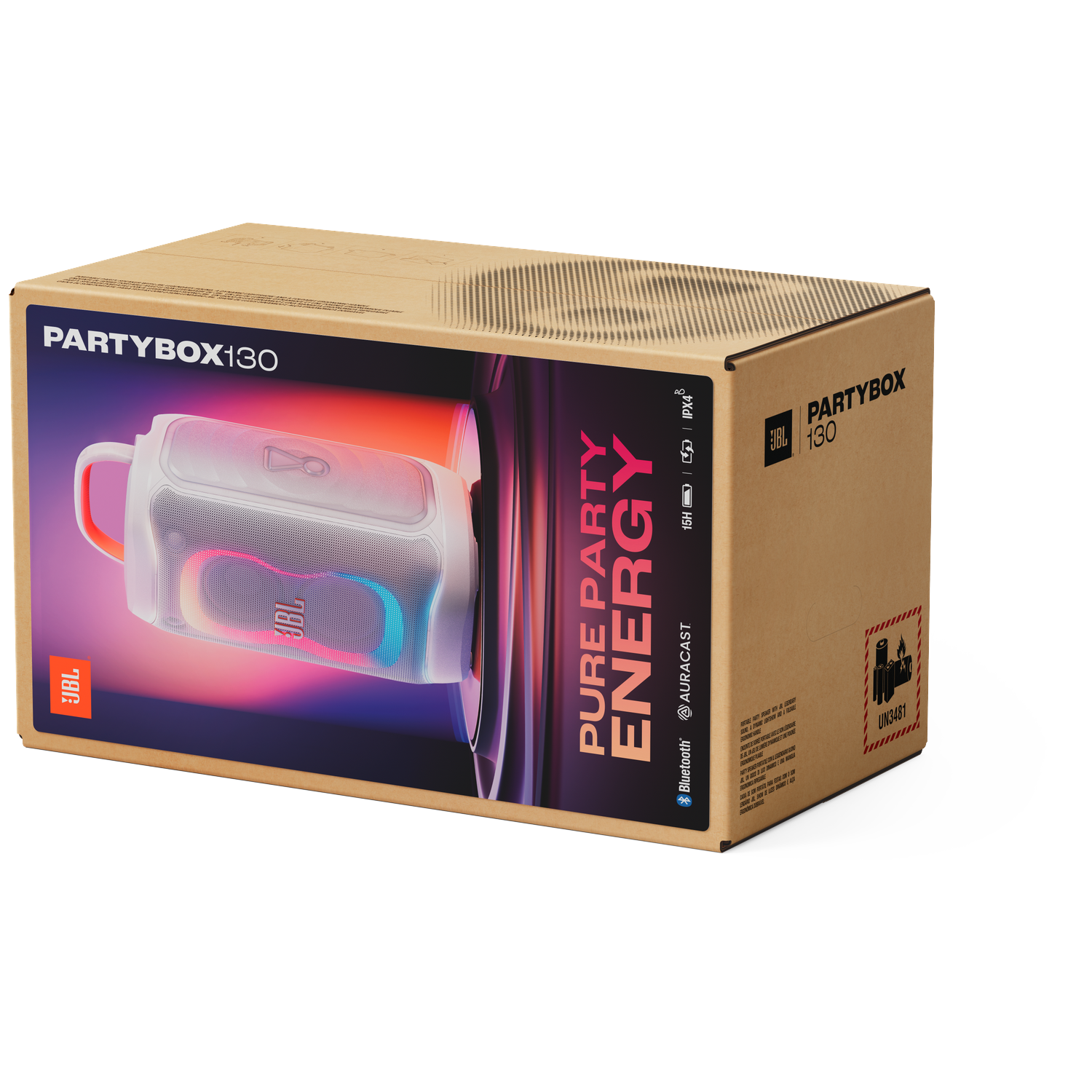 Doos van een JBL Partybox 130 speaker met kleurrijke verlichting aan de voorkant.