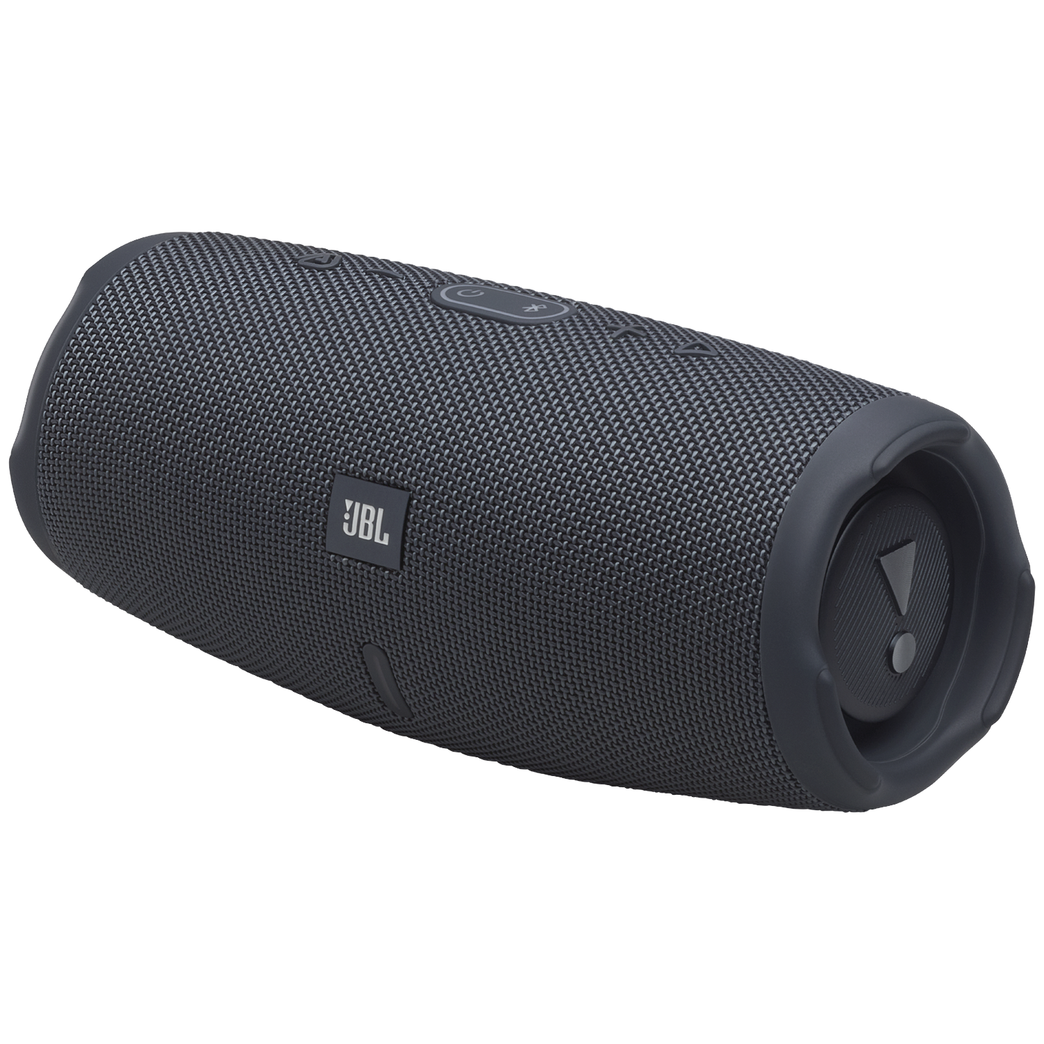 A dark grey JBL portable speaker with a fabric mesh exterior and rubberized ends.