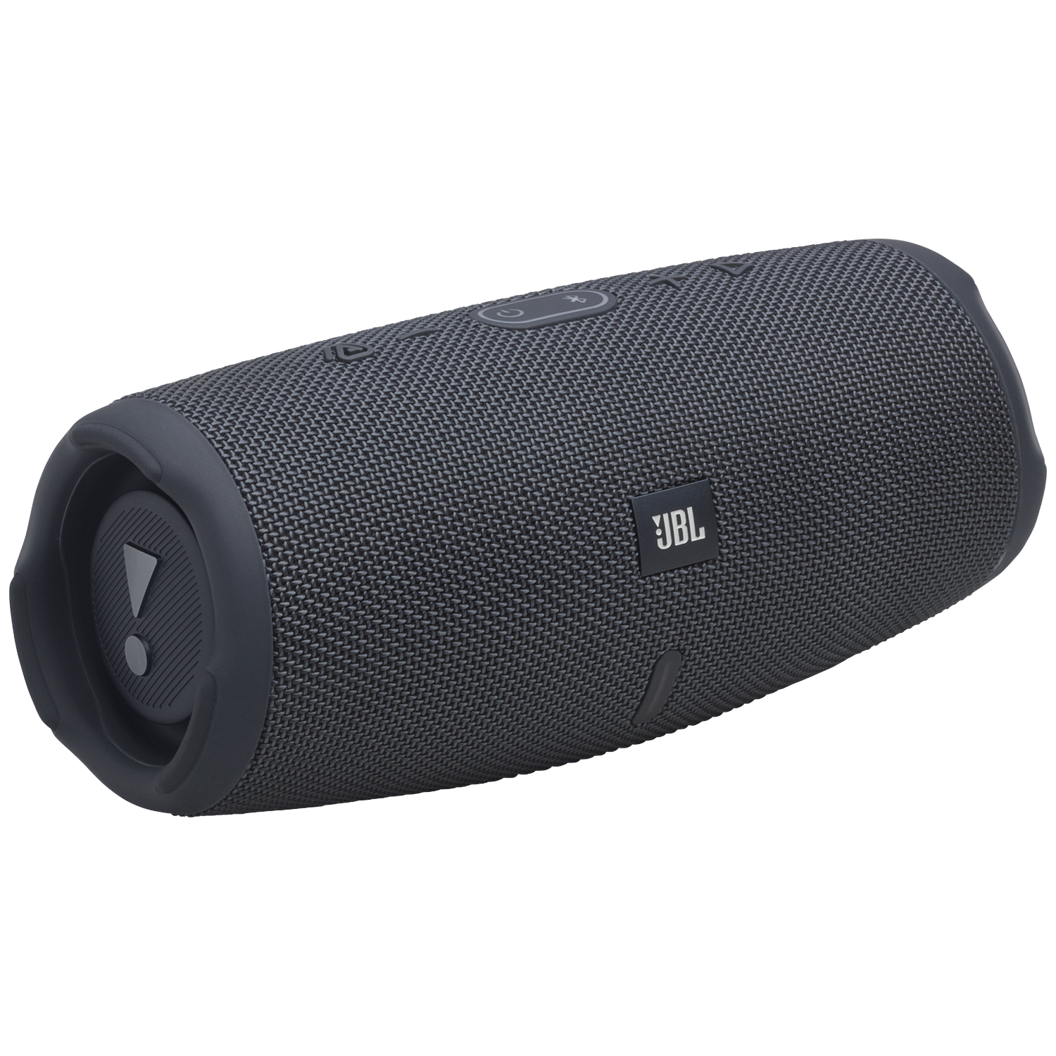 Gray JBL Bluetooth speaker with JBL logo and control buttons.