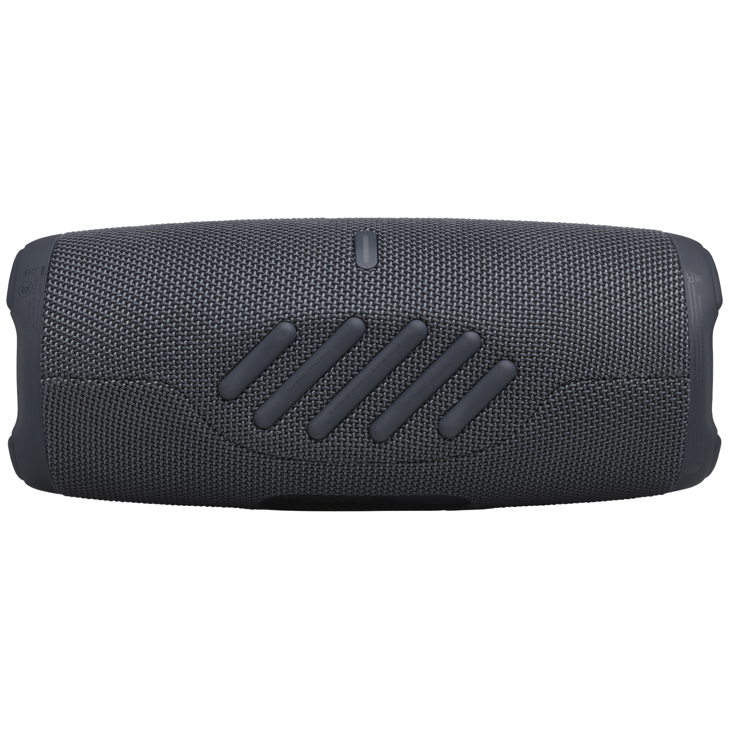 A dark gray, rectangular Bluetooth speaker with fabric cover and rubber feet.