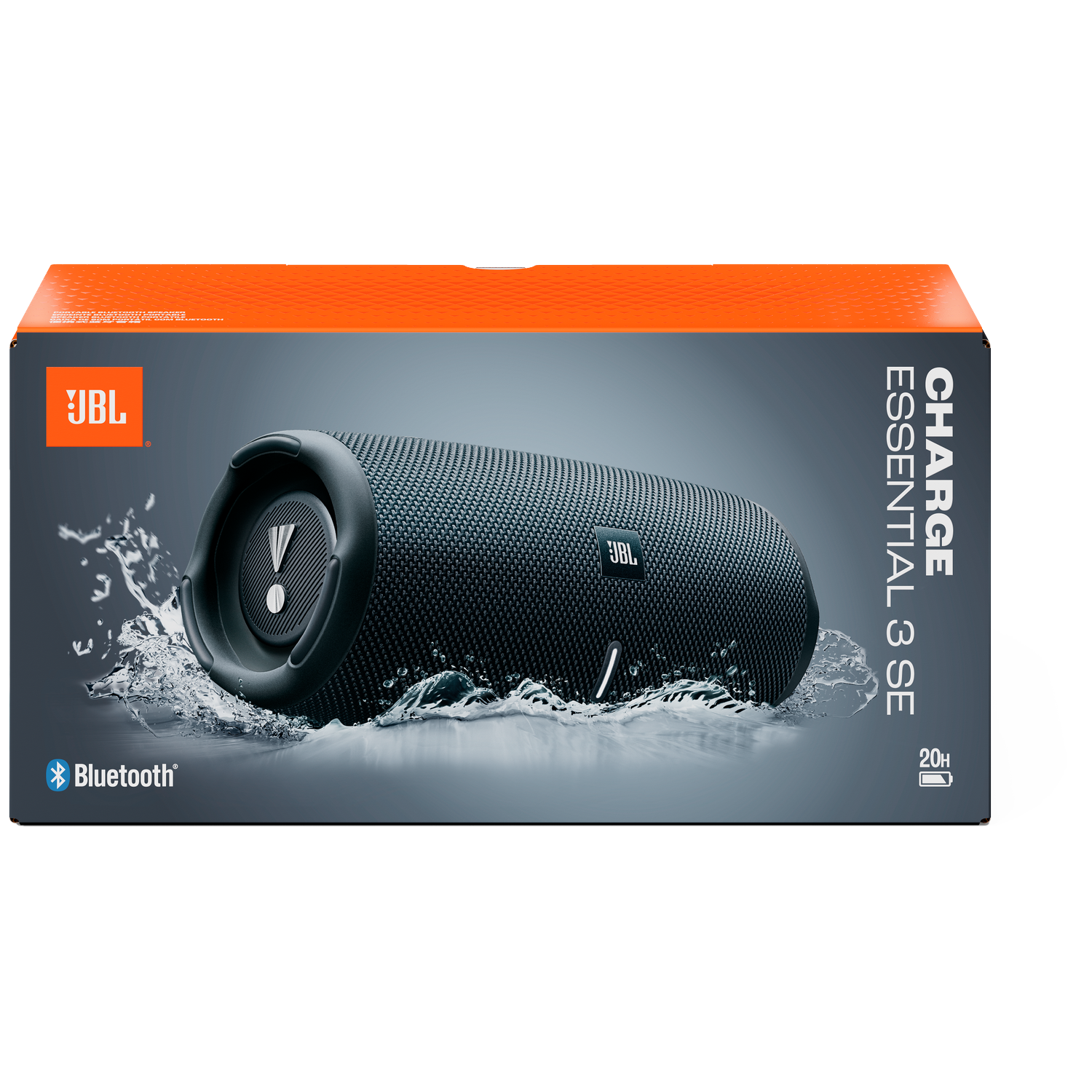JBL Charge Essential 3 SE Bluetooth speaker in dark grey, wet, with orange detail.