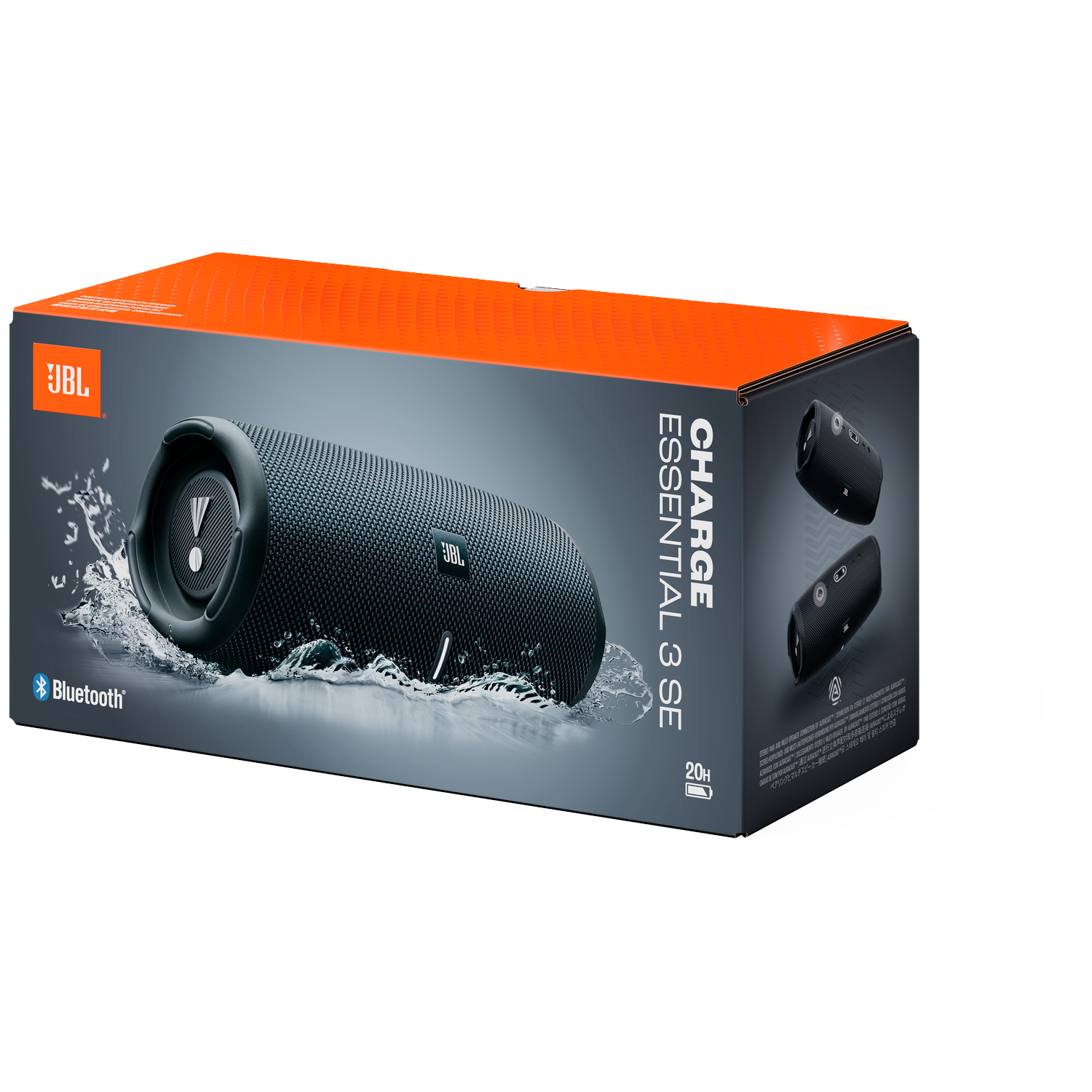 JBL Charge Essential 3 SE Bluetooth speaker box with splashing water.