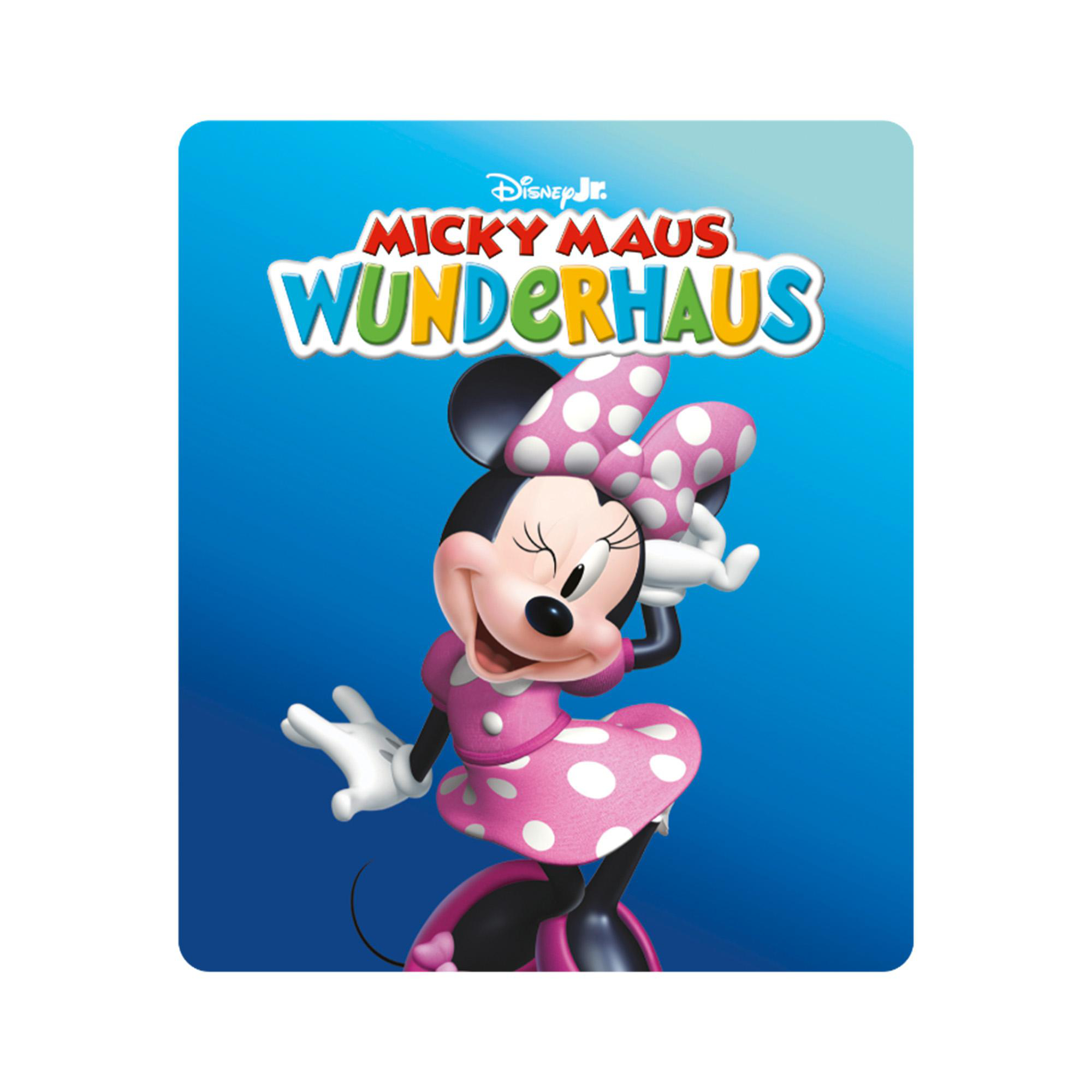 Minnie Maus in einem pinken Polka-Dot-Kleid und Schleife vor blauem Hintergrund.