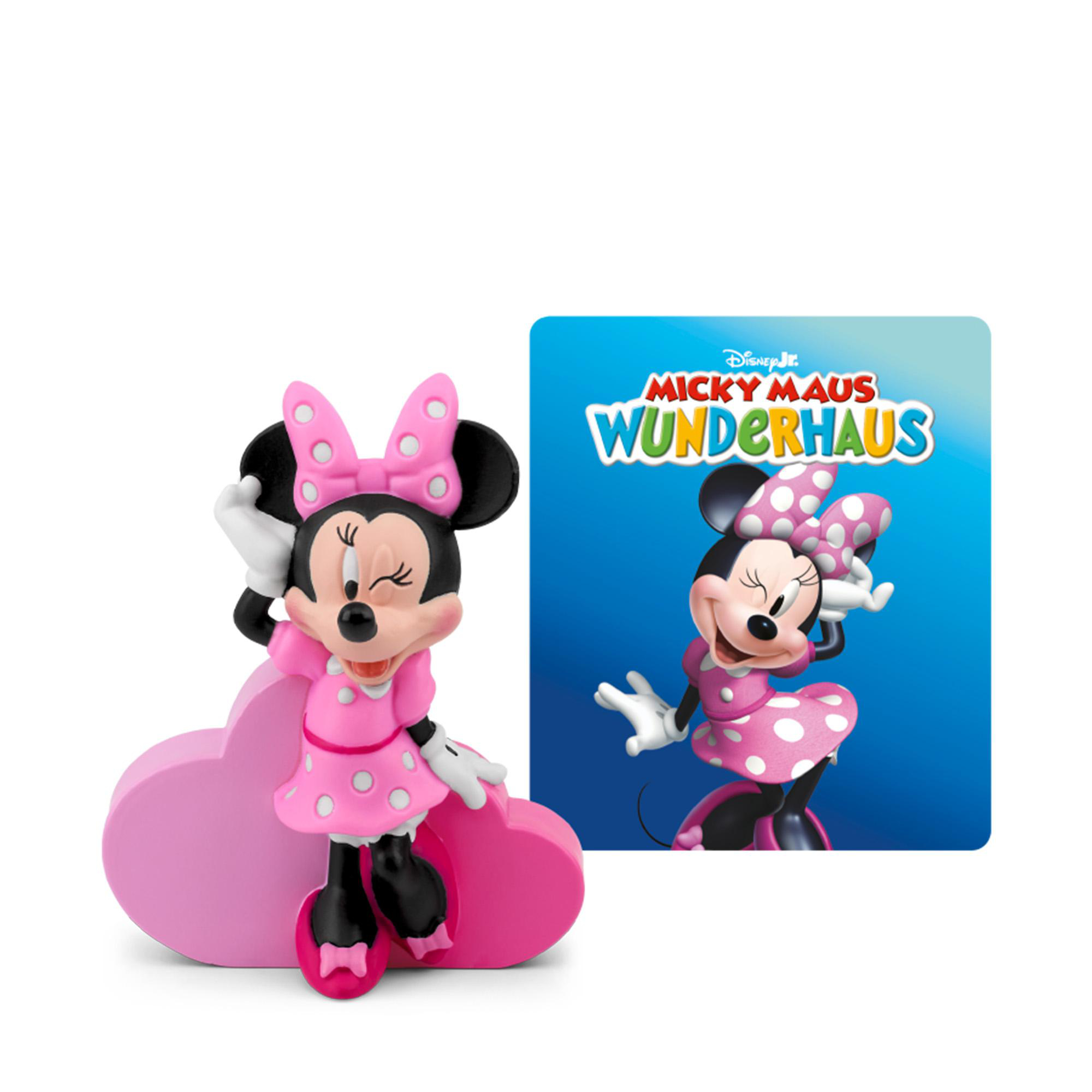 Minnie Maus Figur in rosa Kleid, neben einem "Micky Maus Wunderhaus" Logo.