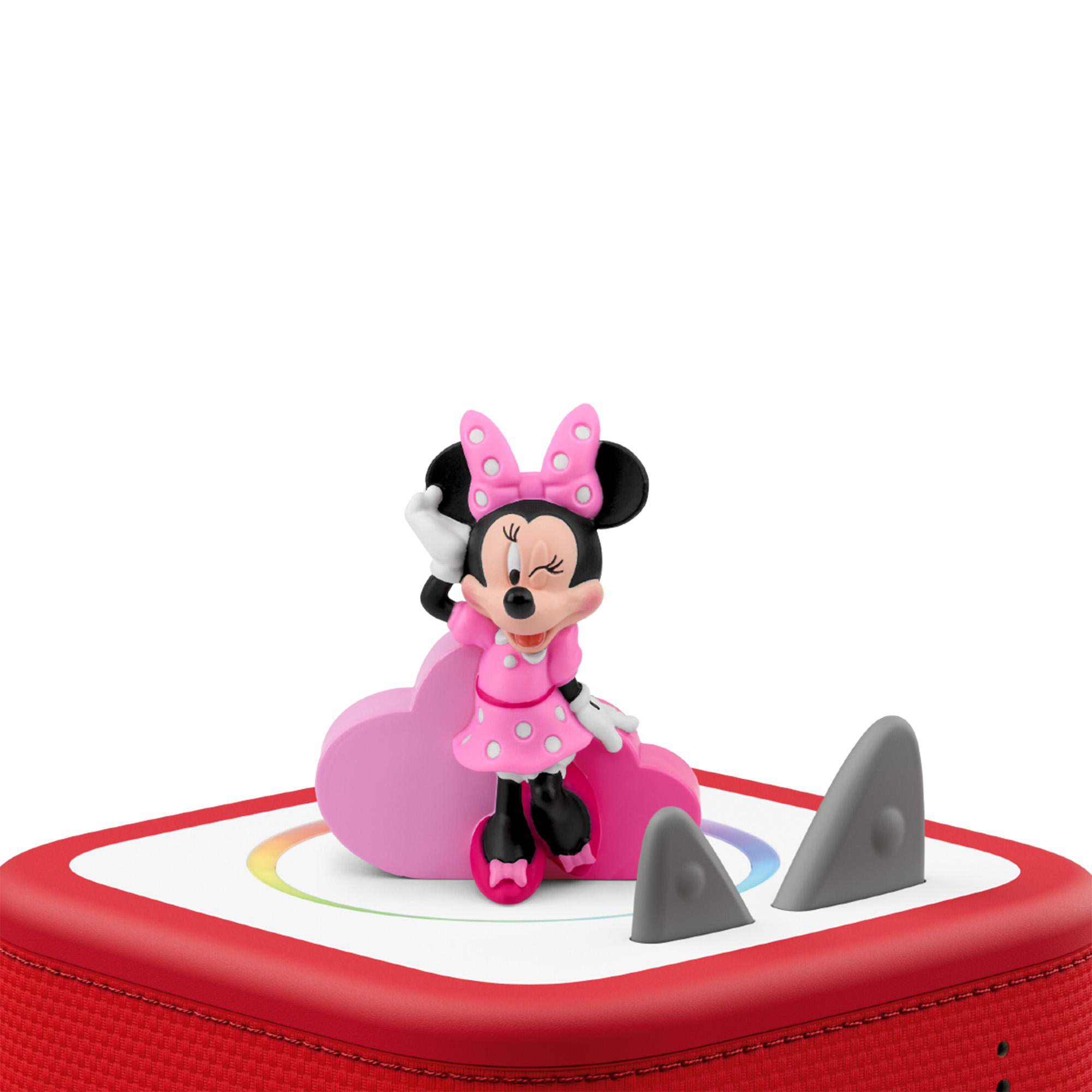 Minnie Maus Figur auf einem rosa Herz auf einem roten Lautsprecher mit grauen Haifischflossen.