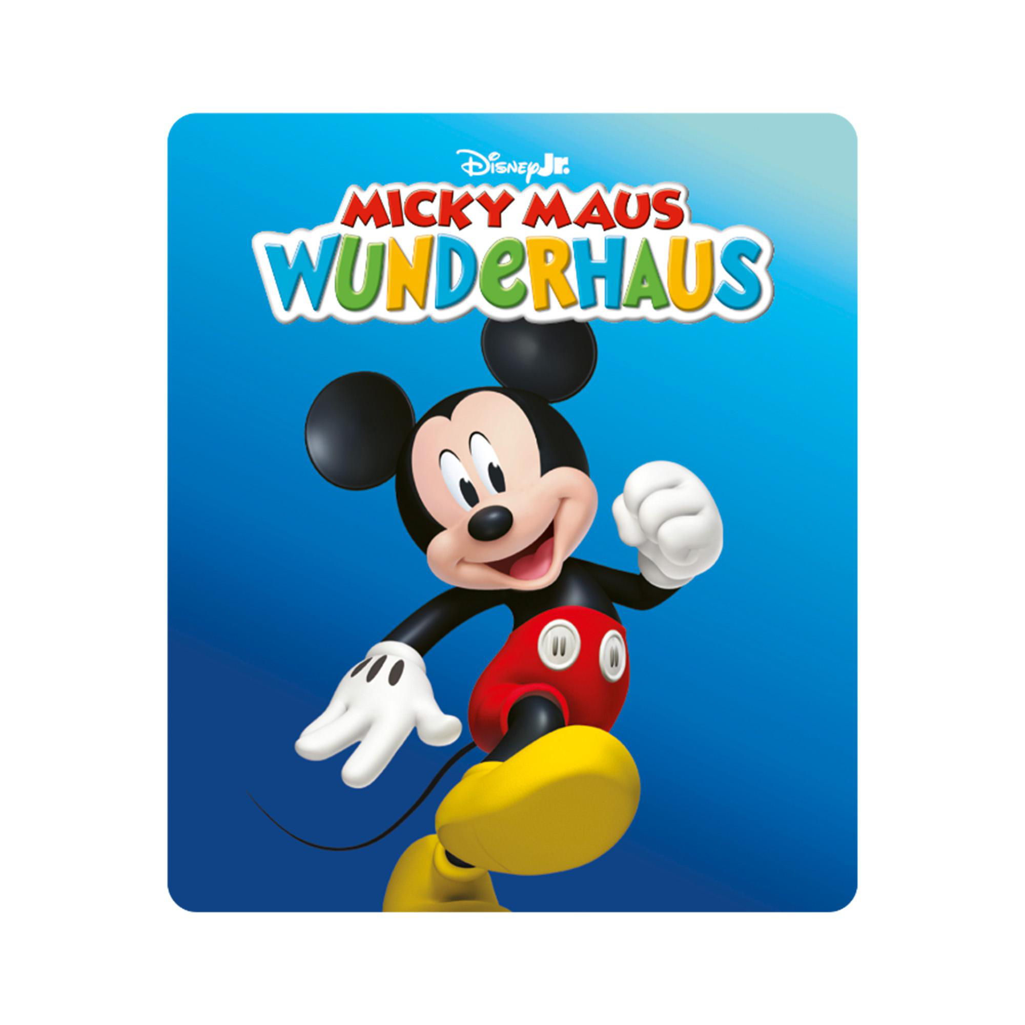 Micky Maus springt fröhlich auf einem blauen Hintergrund, über dem der Titel steht.