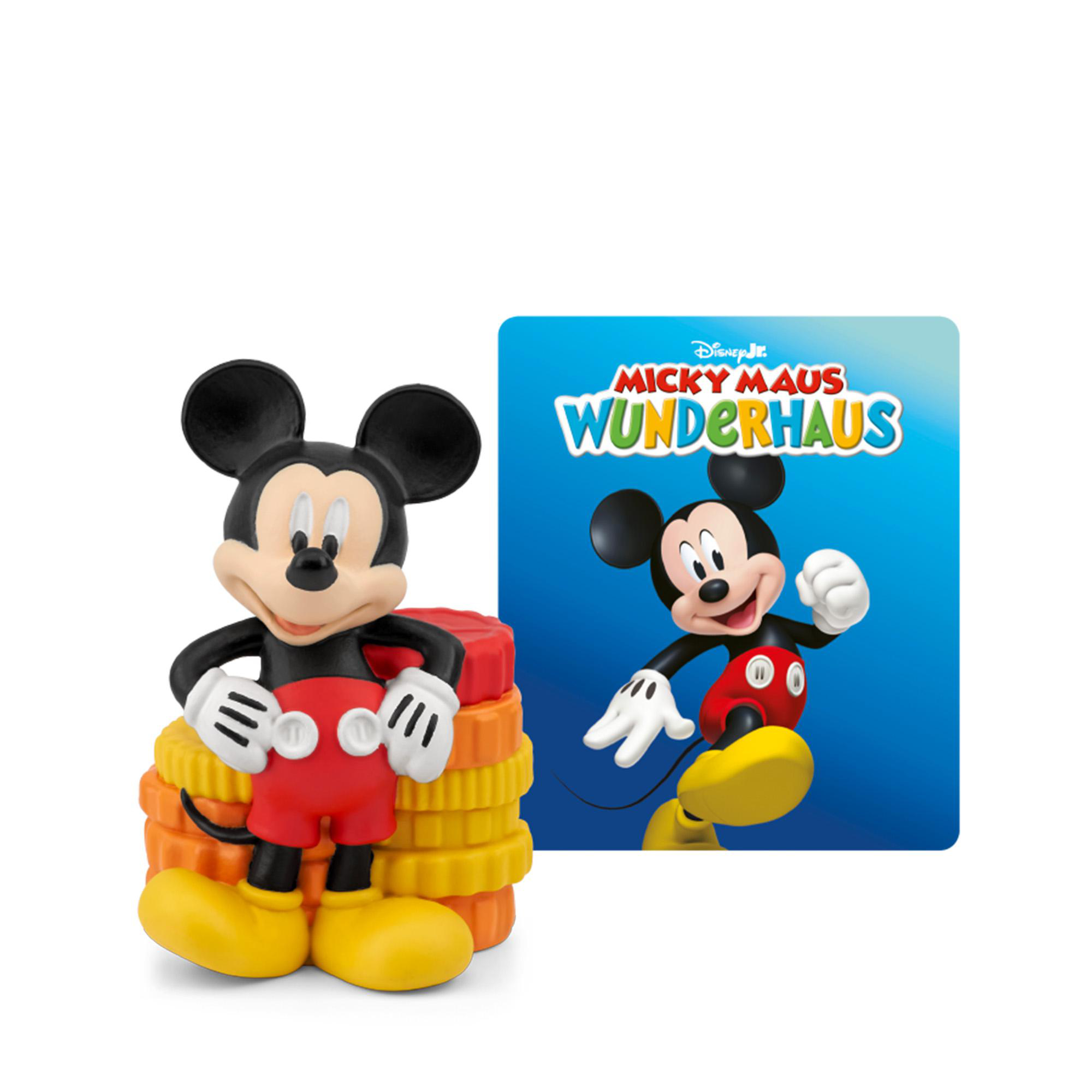 Micky Maus Figur auf roten und gelben Stapeln, neben Disney Jr. Logo.