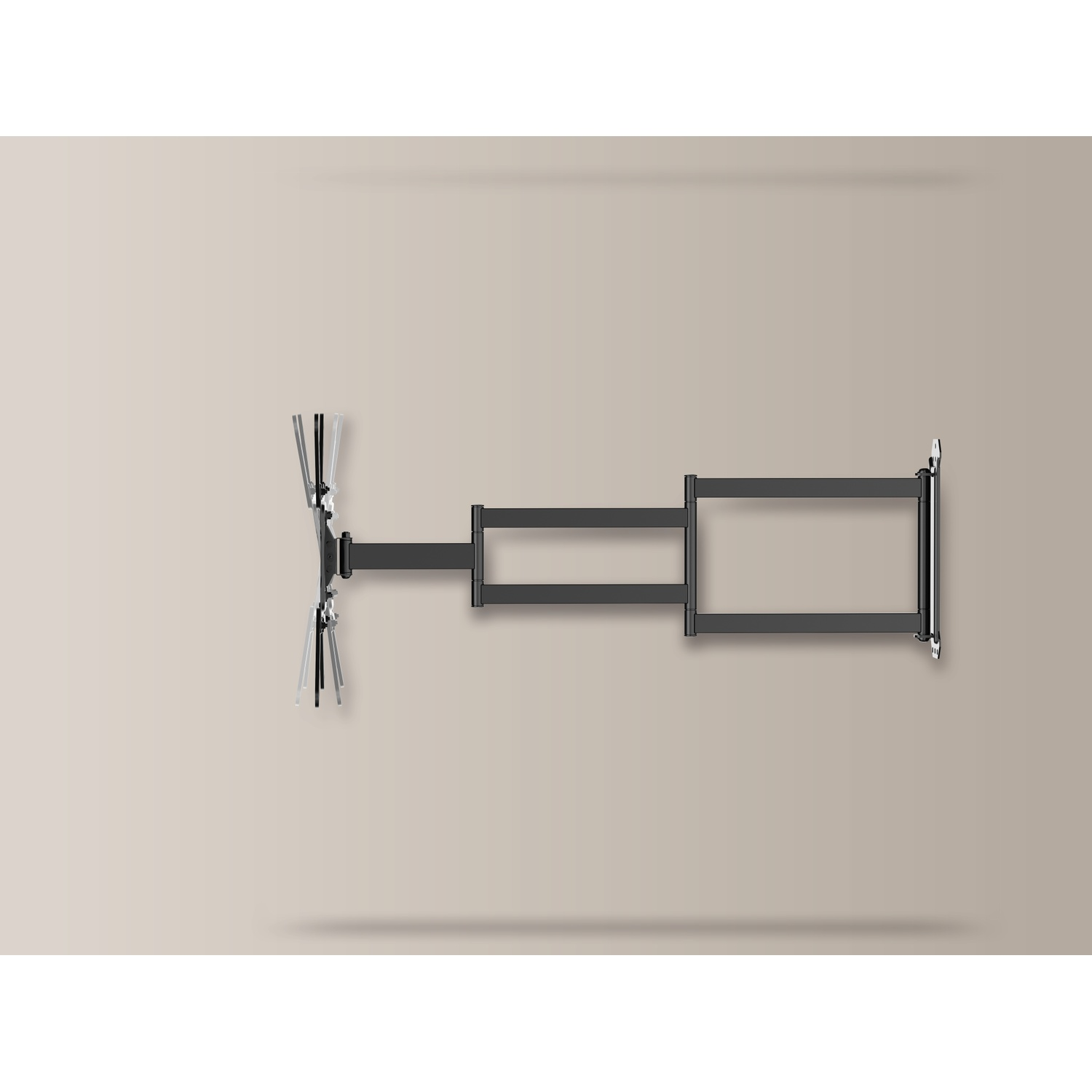 A black, multi-jointed, extendable TV wall mount attached to a wall.