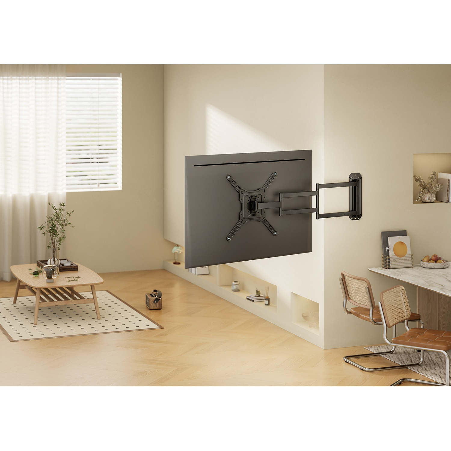 A wall-mounted TV bracket extends from a flat-screen TV in a modern living room.