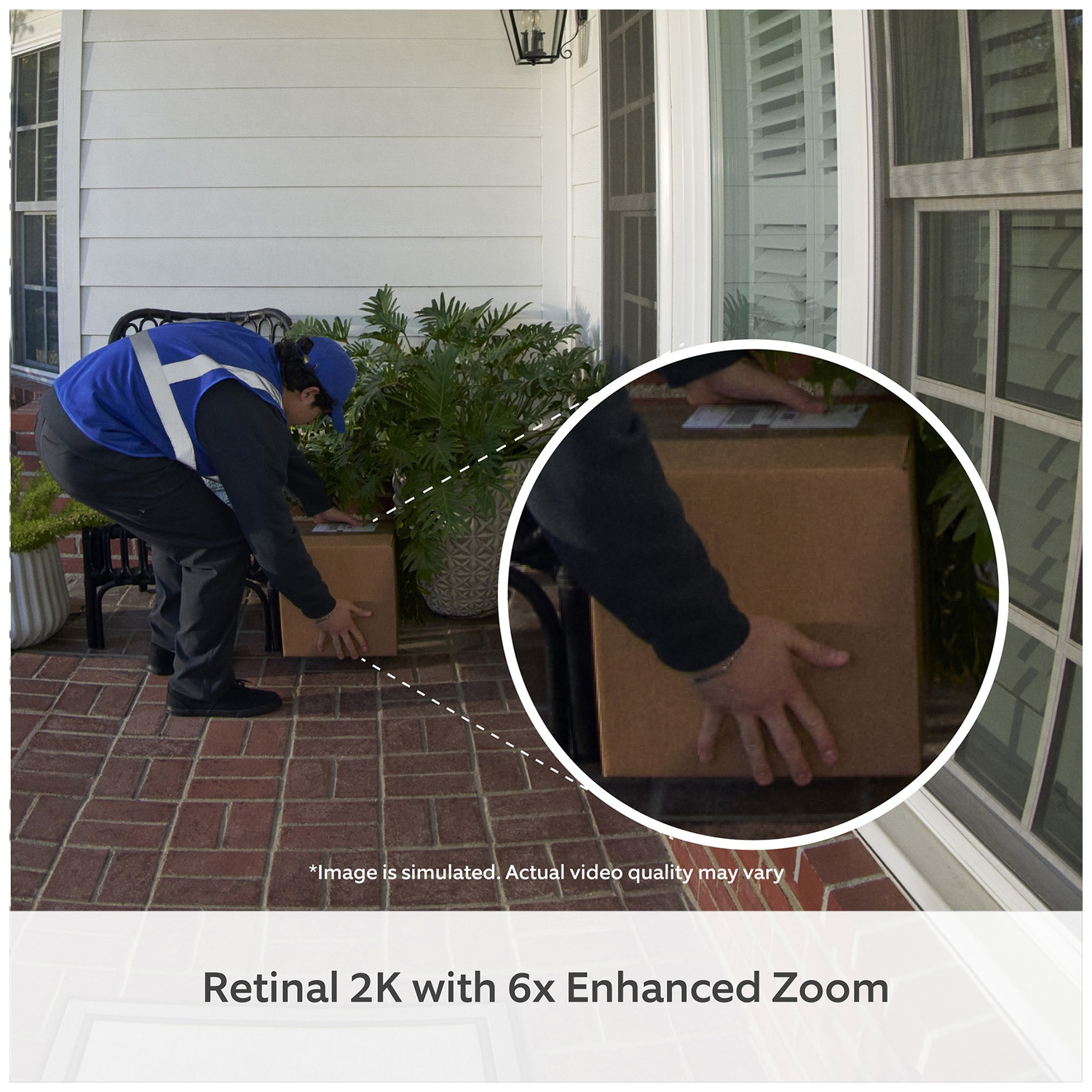 A delivery person in a blue vest places a package on a brick porch.