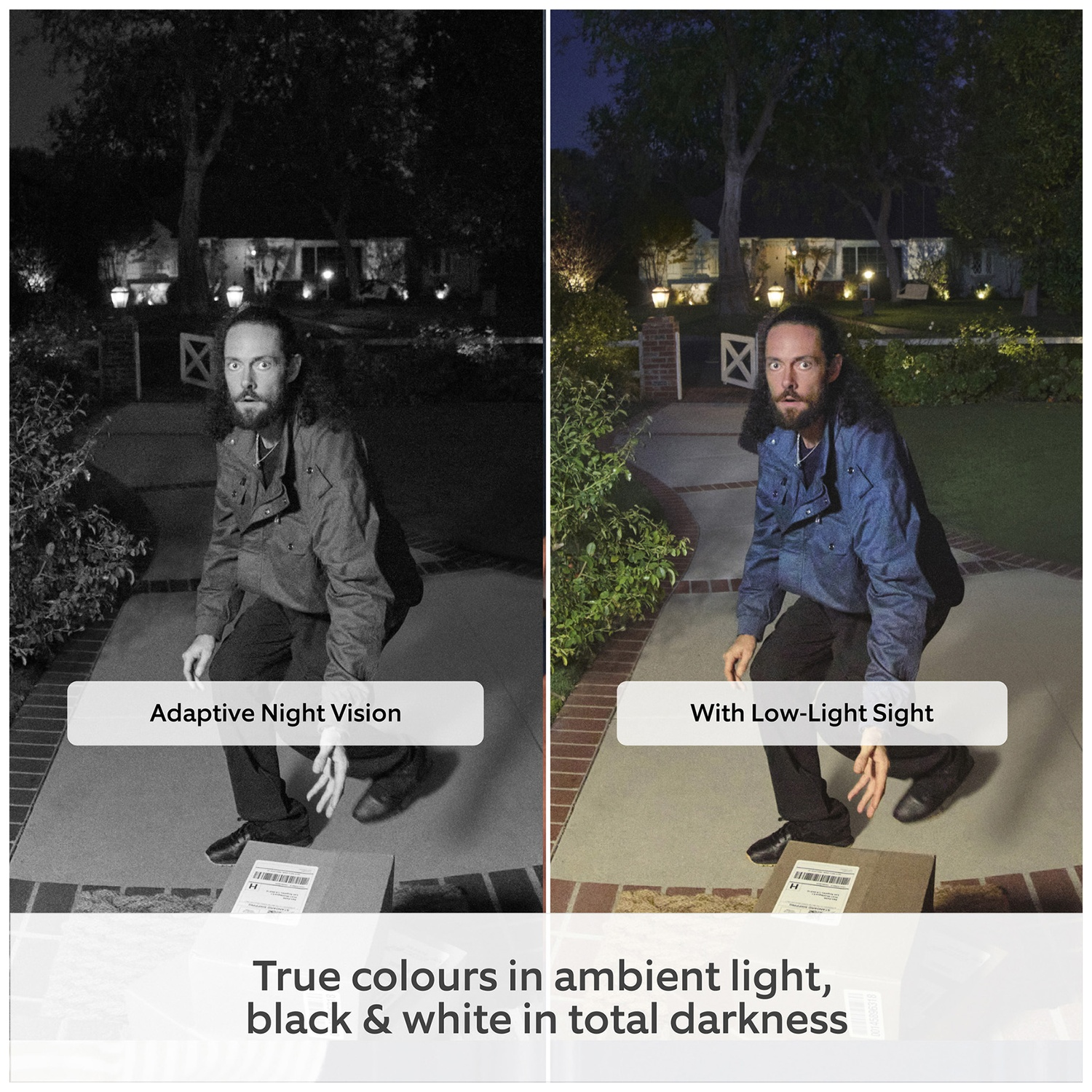 Split screen shows night vision vs low-light sight. Man with package.