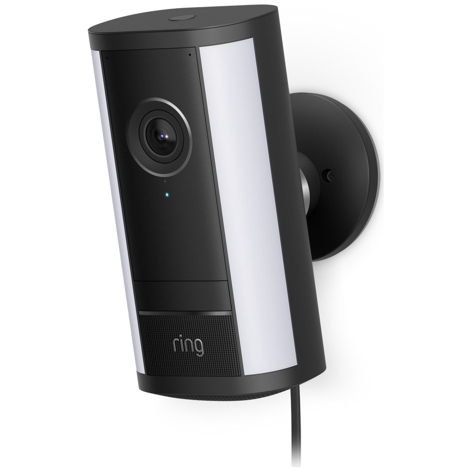 A black Ring security camera with integrated light, mounted on a wall.