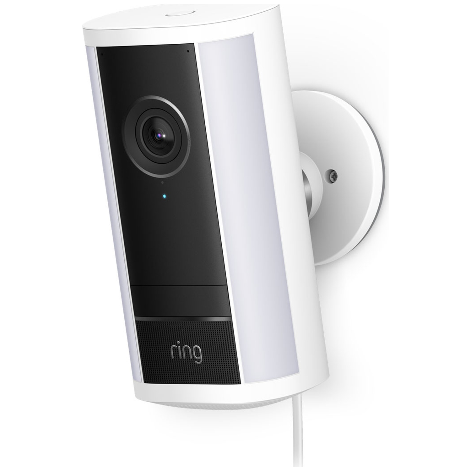 A white Ring security camera with lights, mounted on a white wall.