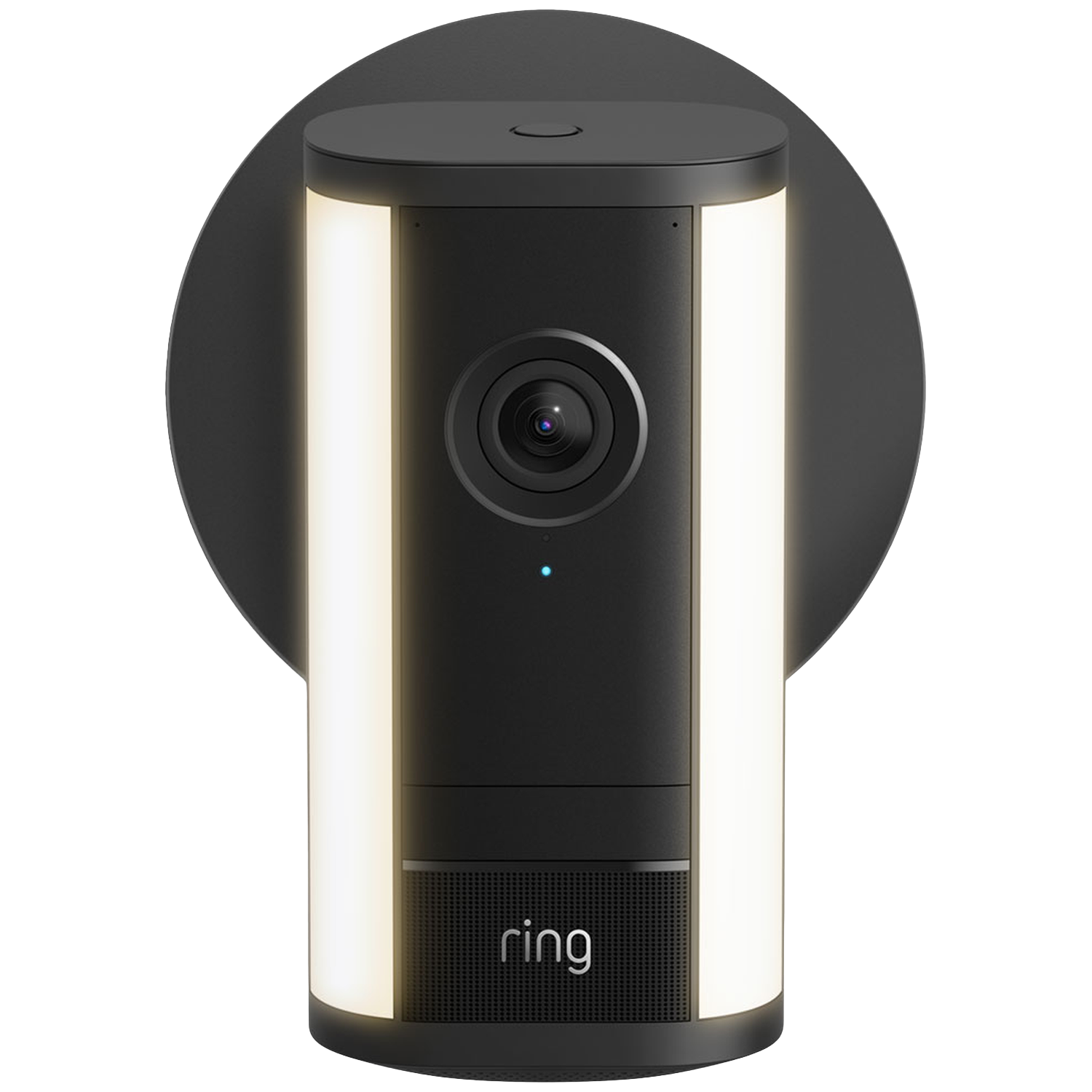 A black security camera with two side lights and the Ring logo.