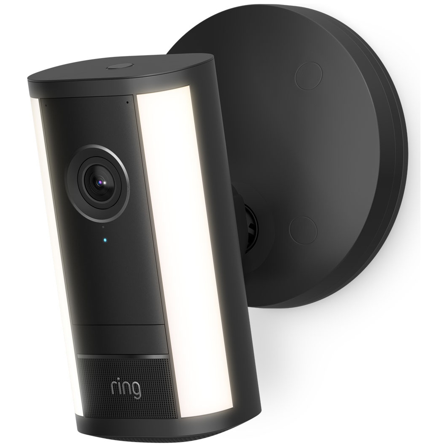 Black security camera with light, mounted on a round base.