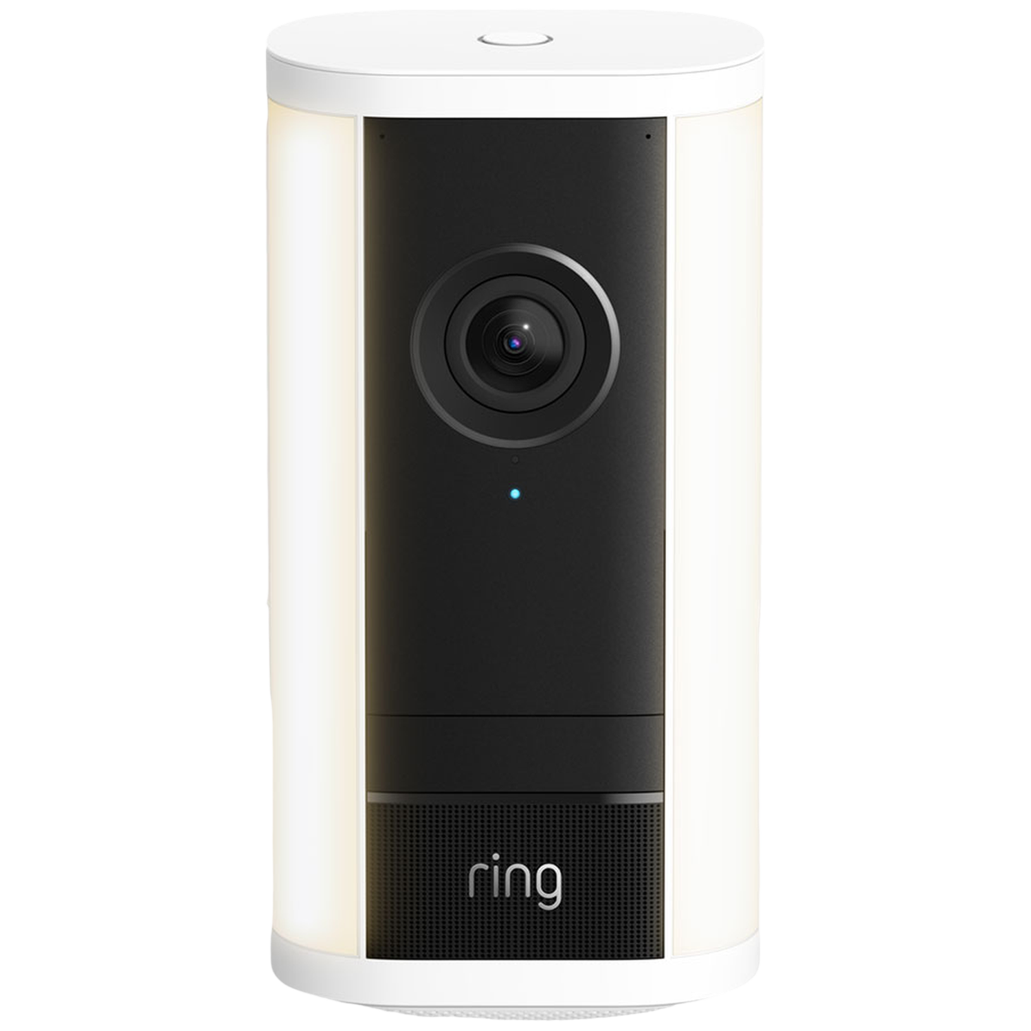 White security camera with a black center and Ring logo.