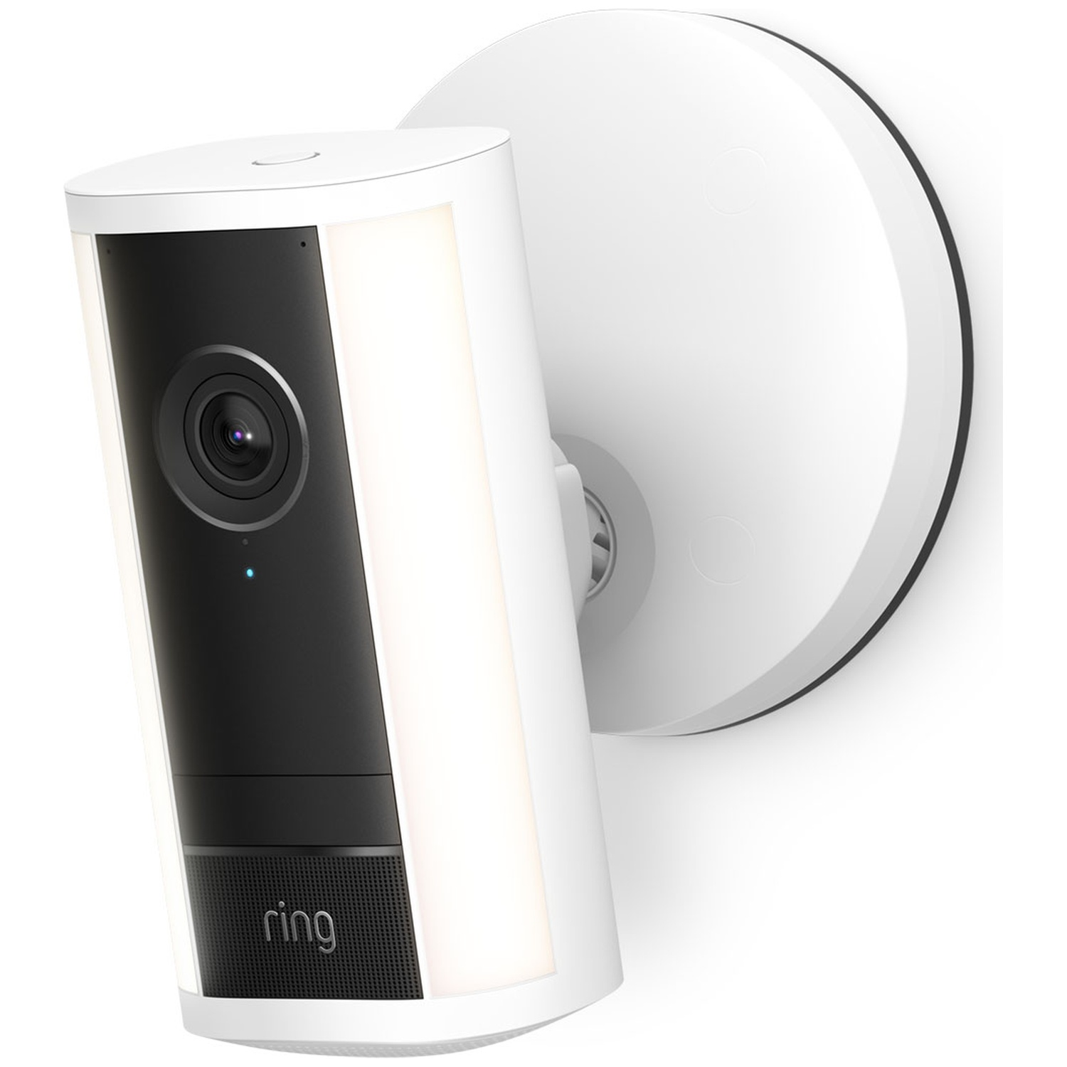 White security camera with black front and illuminated light strip.