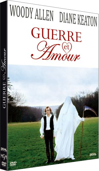 Woody Allen staat naast de Magere Hein in een groen landschap.