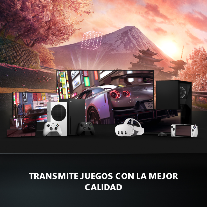 Configuración de juegos con consolas, PC, casco VR y dispositivo portátil frente al Monte Fuji.