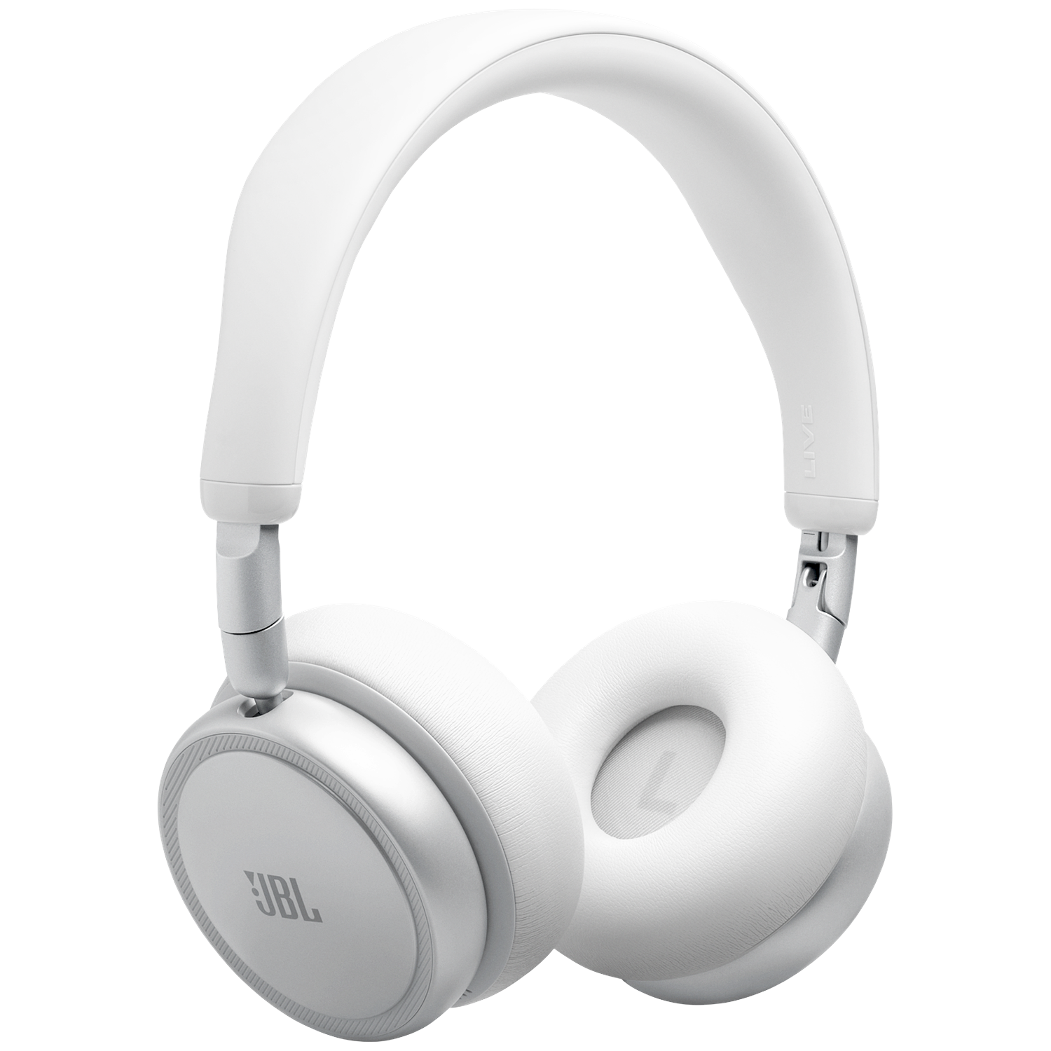 White JBL headphones with padded earcups and an adjustable headband.