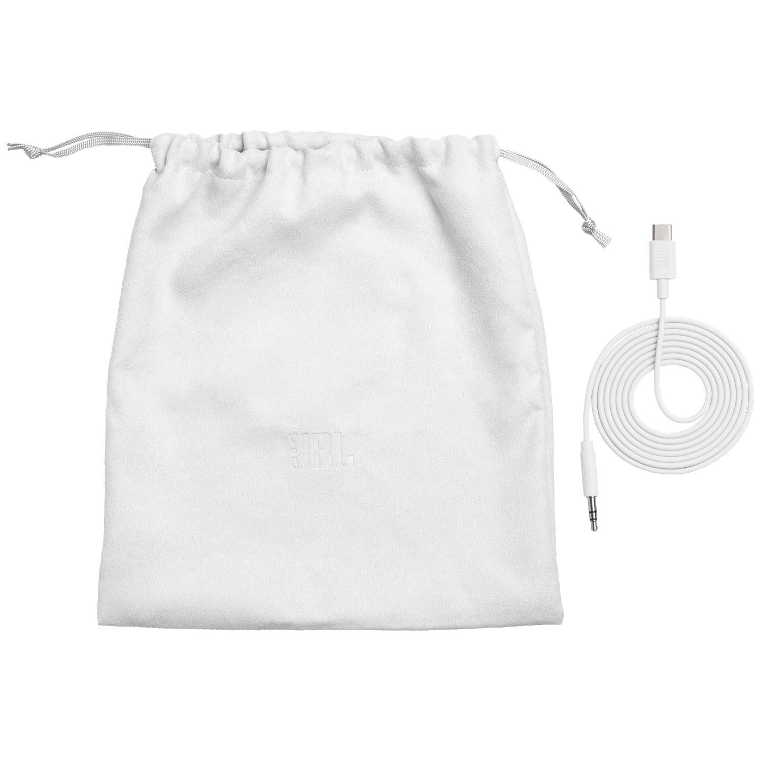 White drawstring pouch and white cable with USB-C and 3.5mm jack.