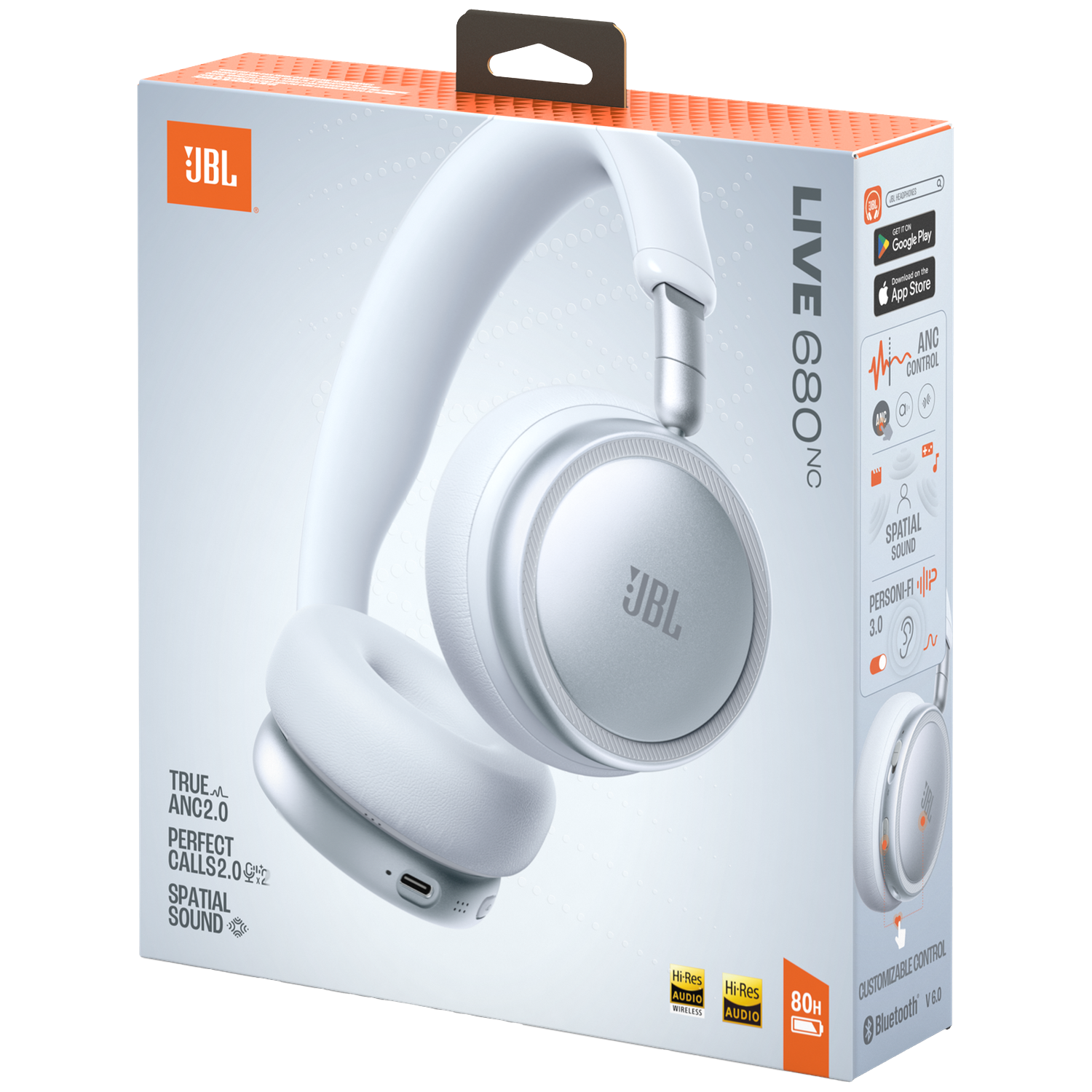 White JBL Live 680NC headphones on packaging detailing ANC and Spatial Sound features.