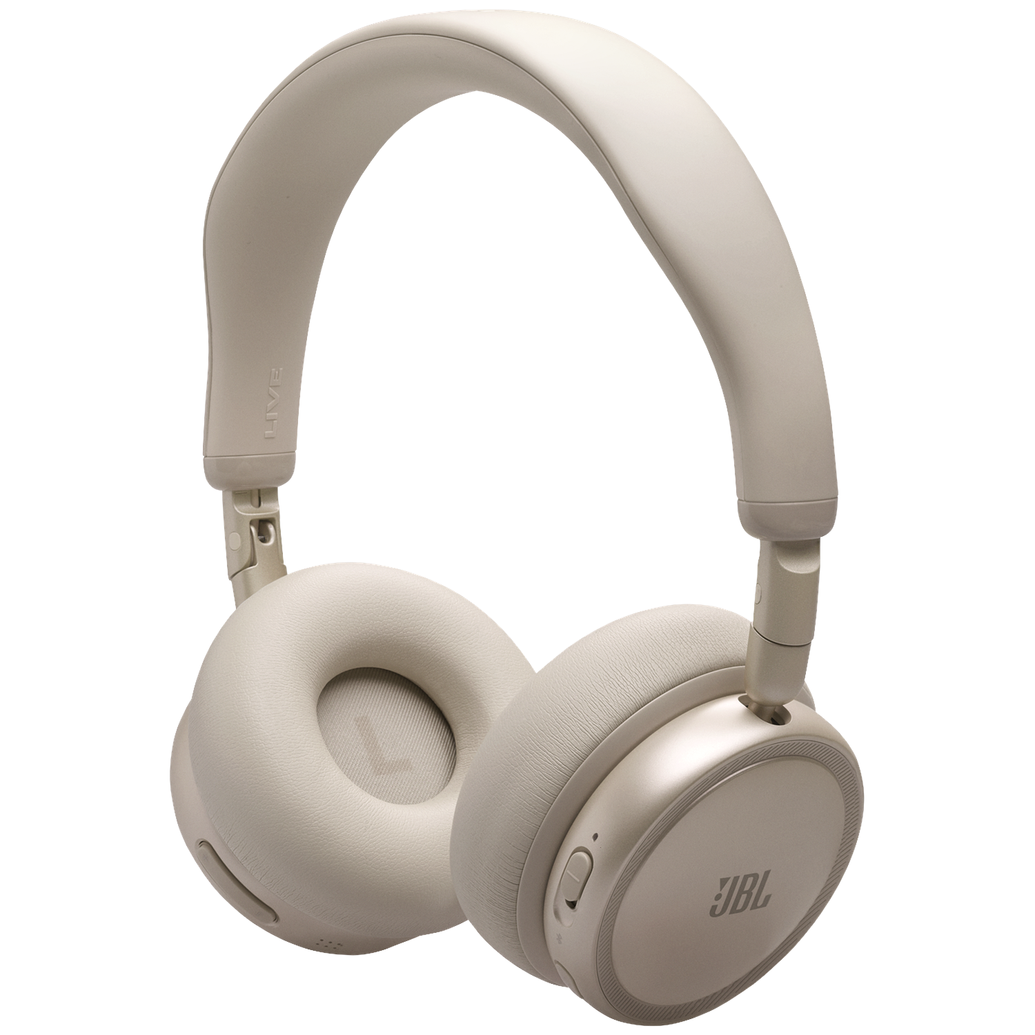 Beige over-ear headphones with plush earcups and adjustable headband, set against black.
