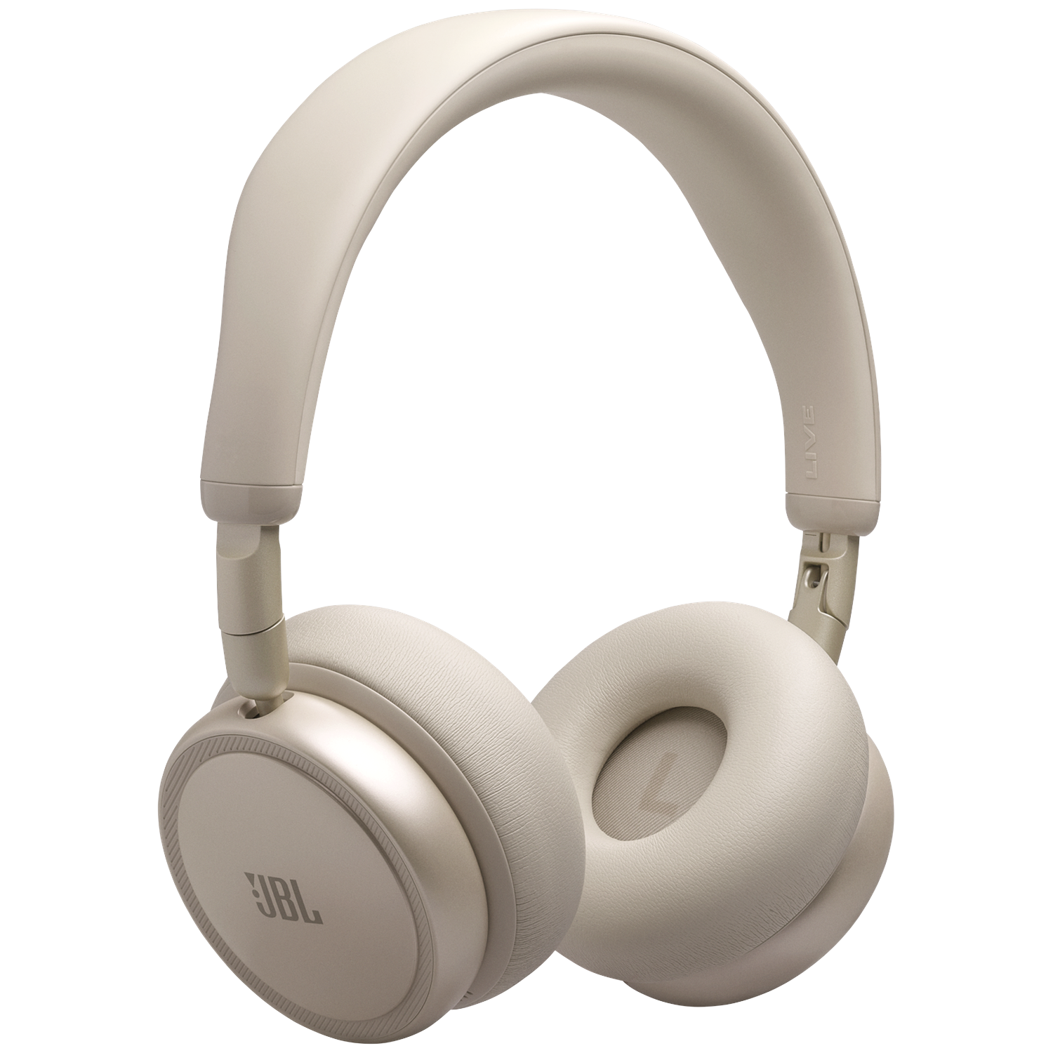 A pair of beige JBL headphones with plush earcups and a padded headband.