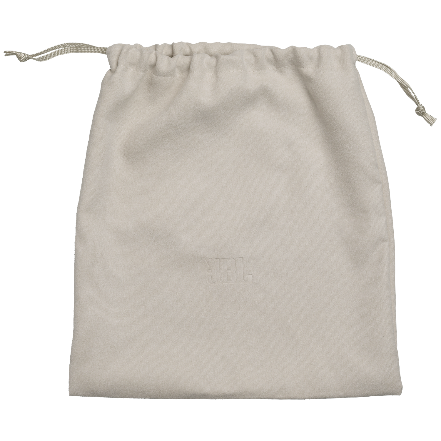 A light gray fabric drawstring bag with an embossed JBL logo.