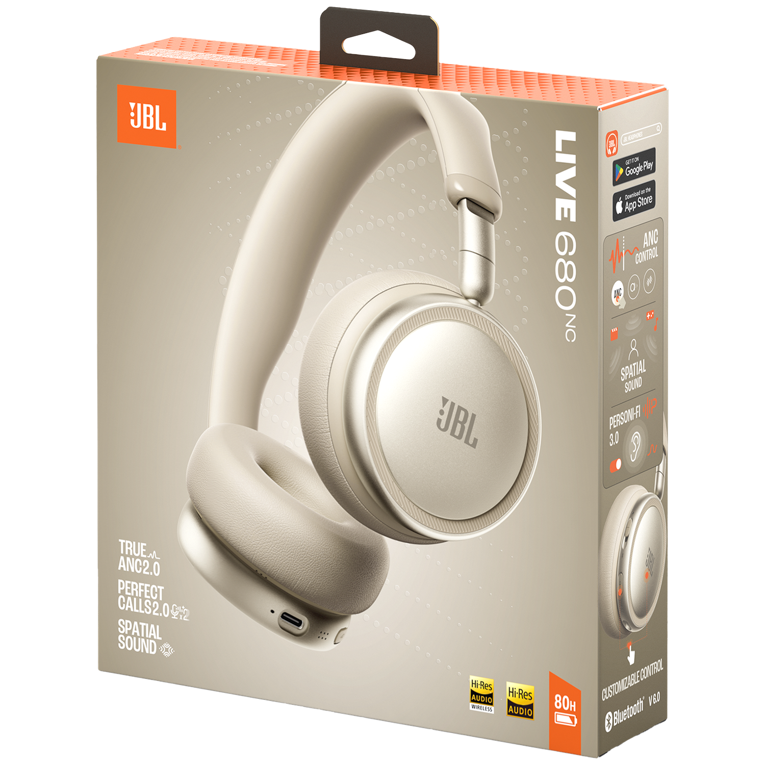 Beige JBL headphones on a box with product information.