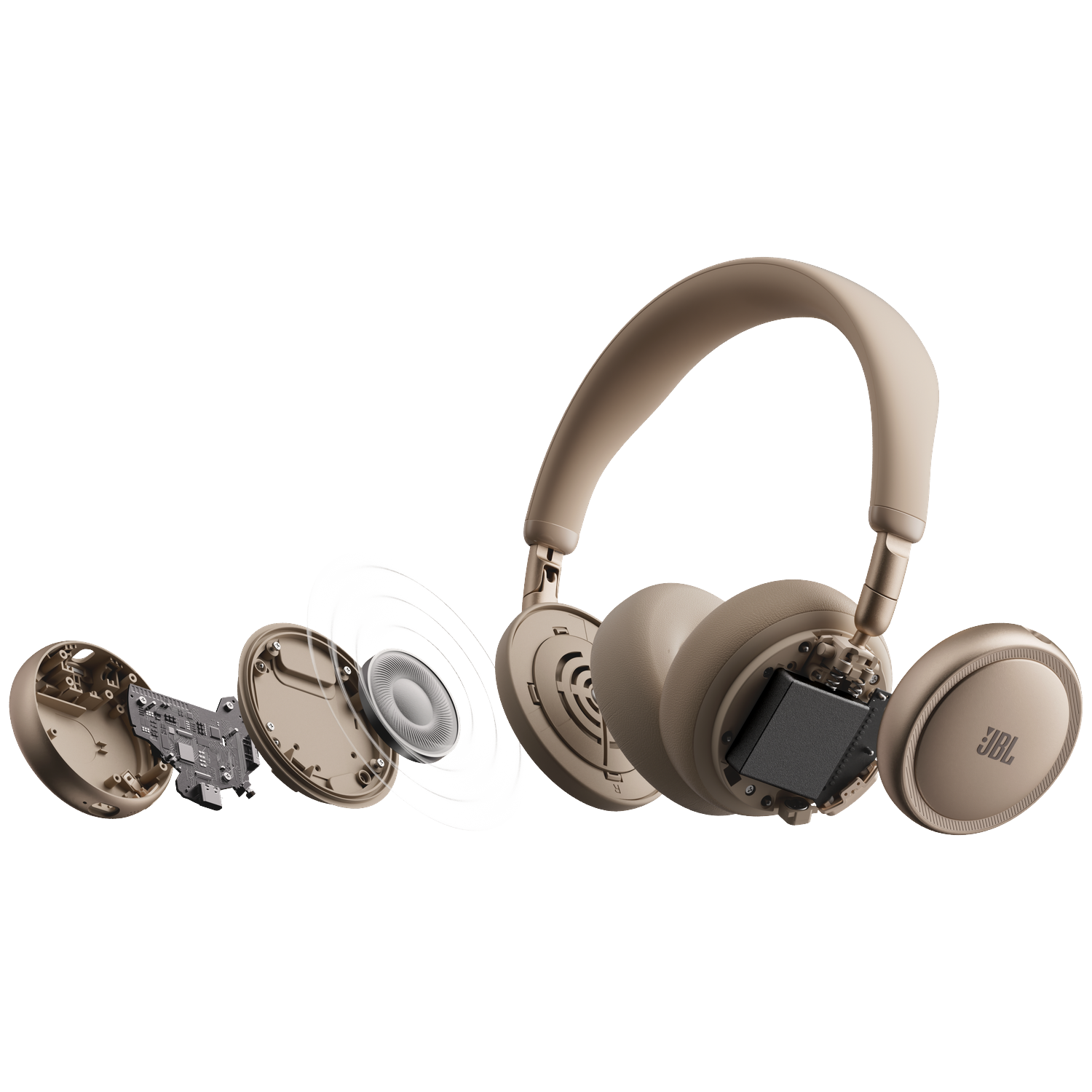 Exploded view of beige headphones showing internal components like circuit board and speaker.