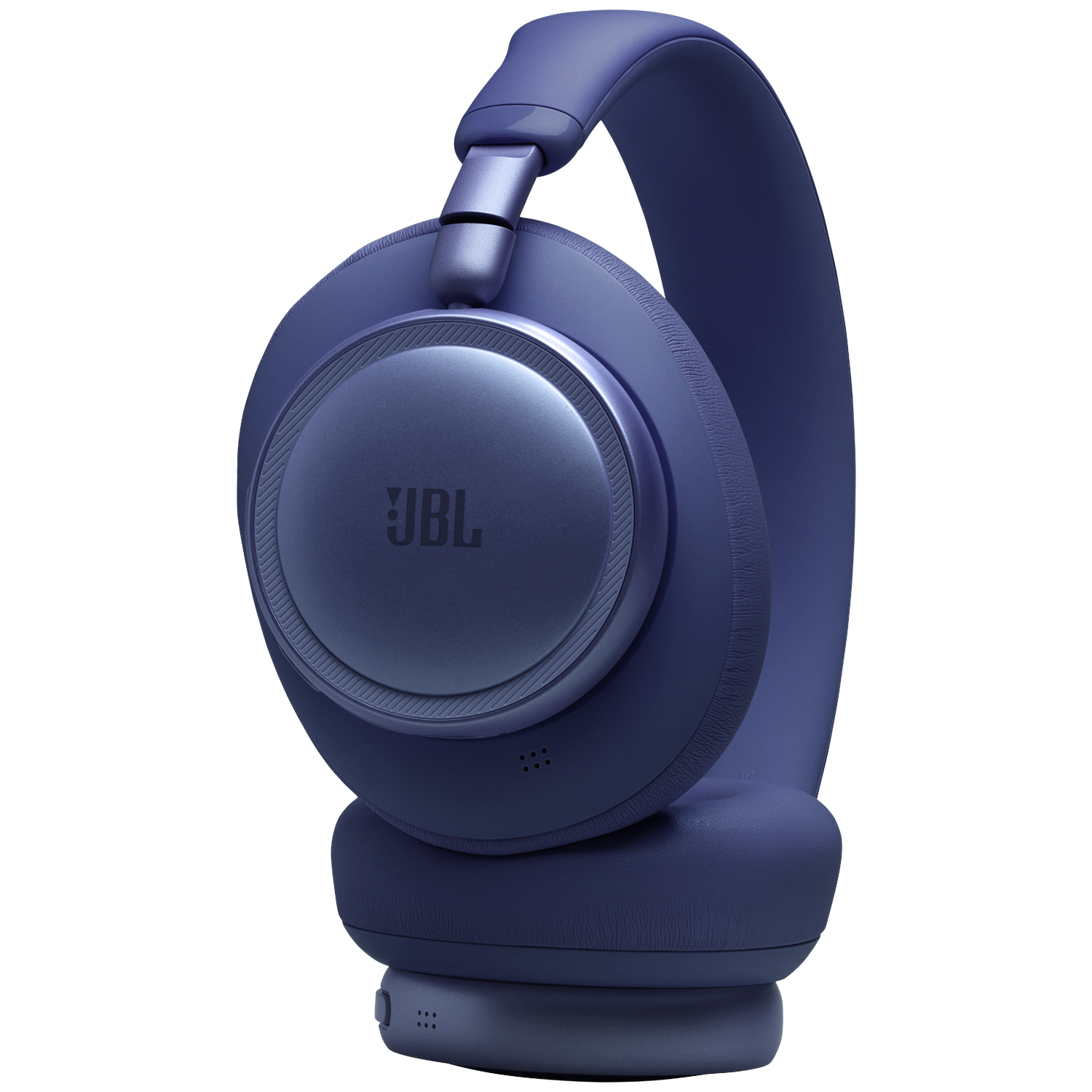 A pair of dark blue JBL headphones with a padded headband and earcups.