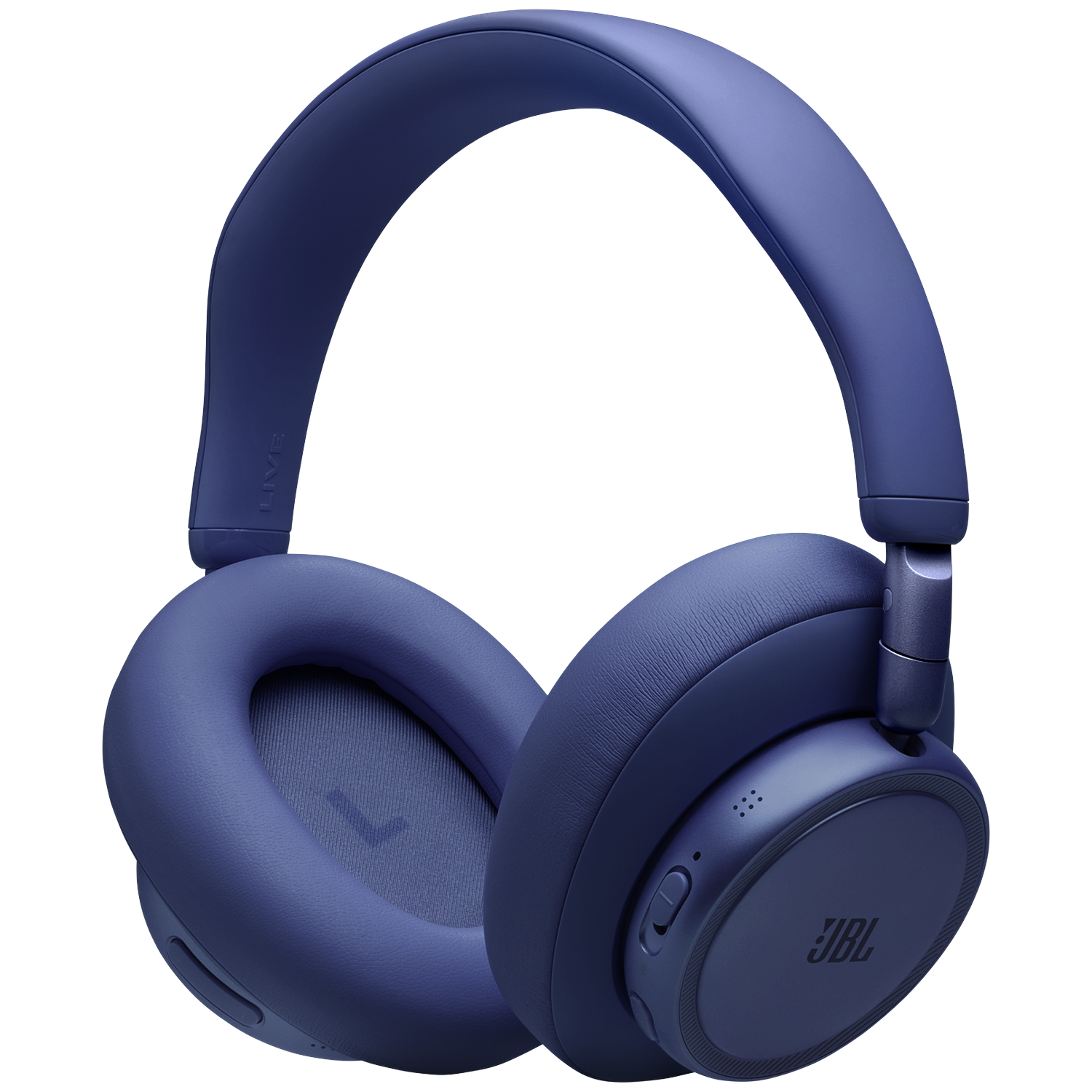 Dark blue JBL headphones with padded earcups and a headband, isolated on a black background.