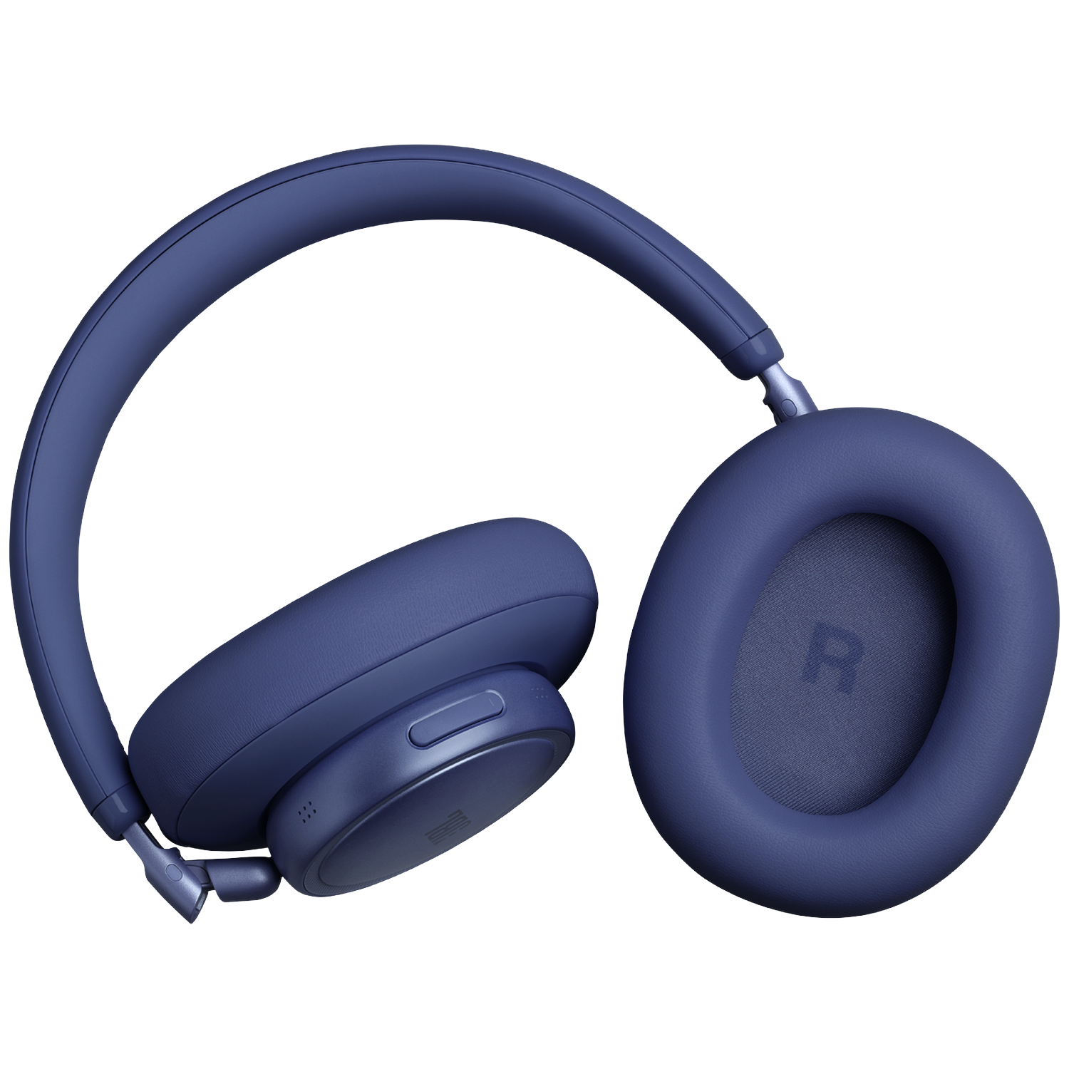 Blue headphones with an R marking on the right ear cup, set against a black background.