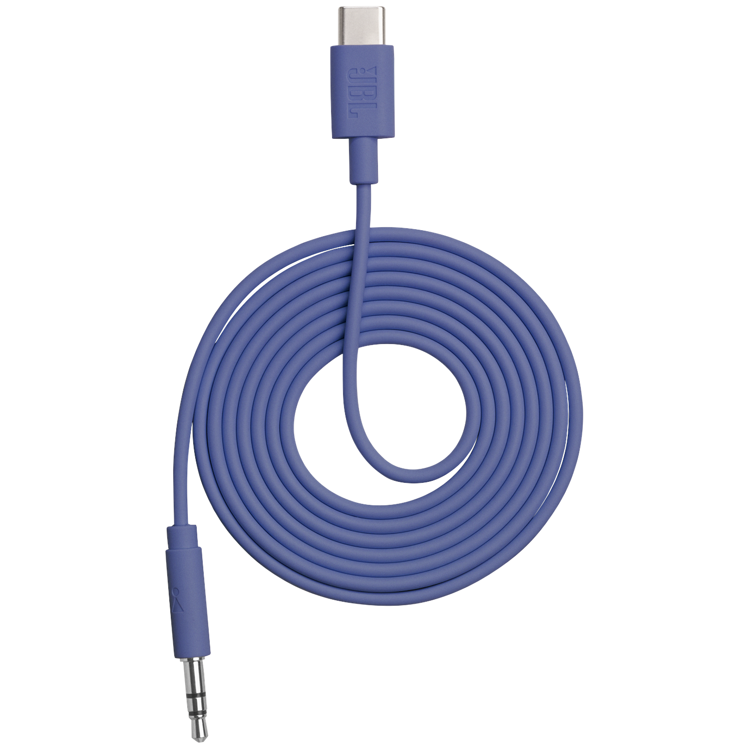 A blue JBL cable with USB-C and 3.5mm connectors, coiled on a black background.