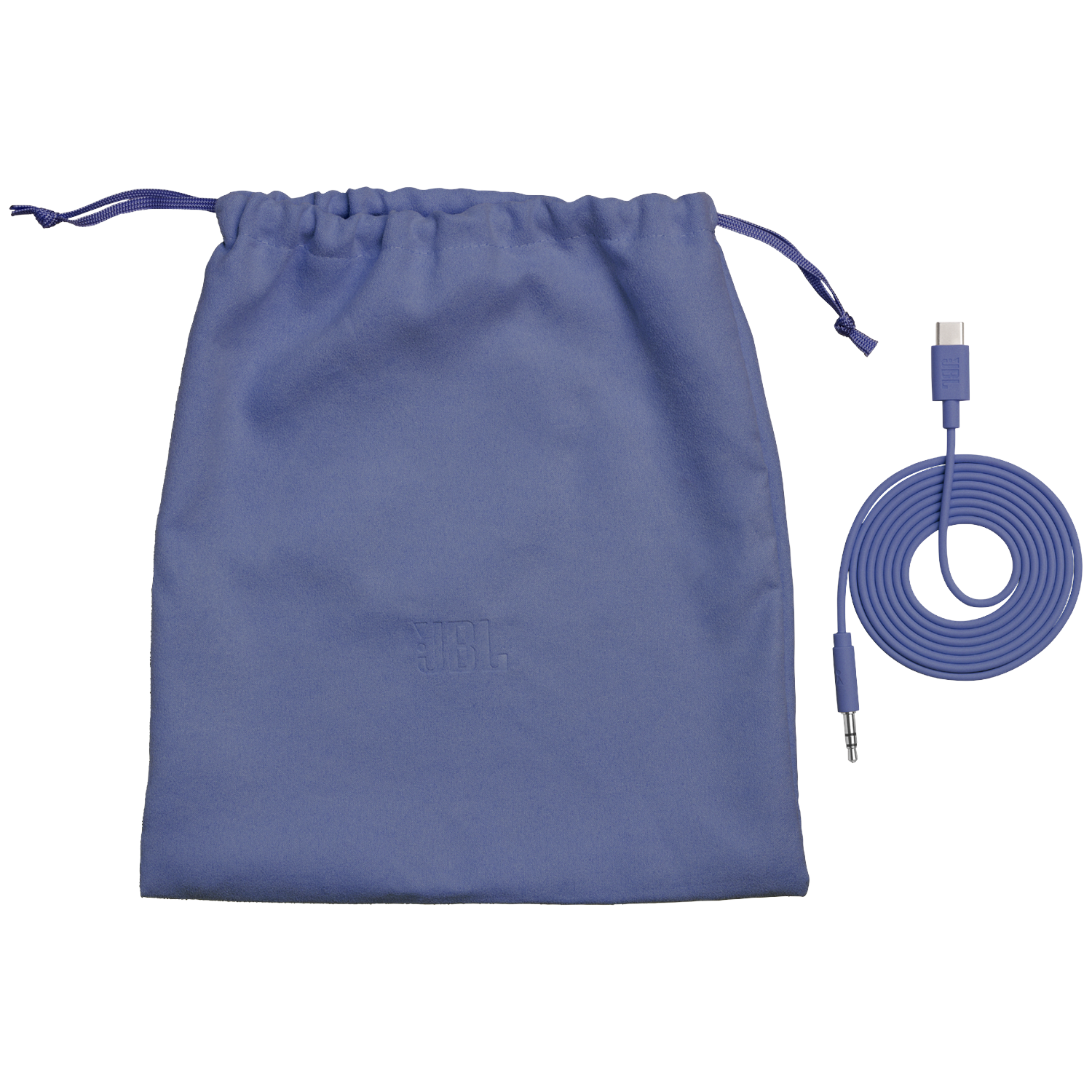 A blue drawstring pouch and a coiled blue cable with USB-C and 3.5mm connectors.