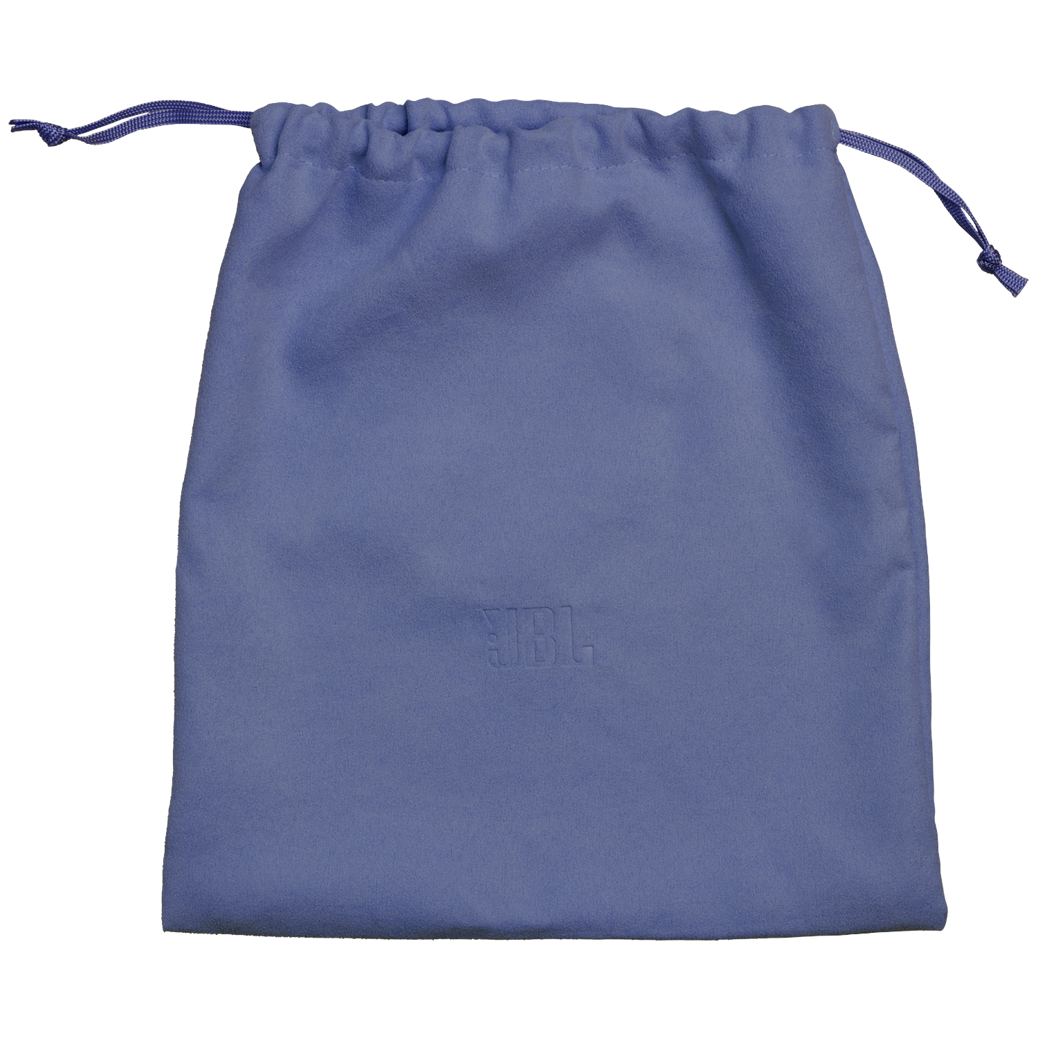 A blue drawstring pouch with embossed JBL logo, on a black background.
