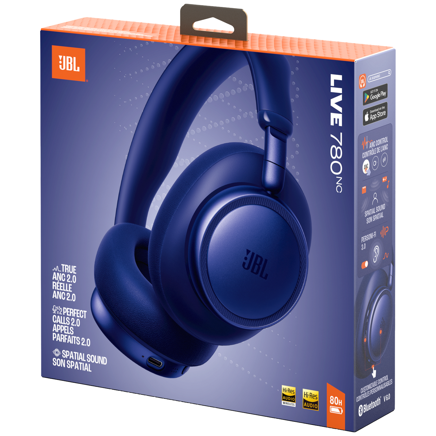 Blue JBL headphones with ANC and Spatial Sound on packaging.