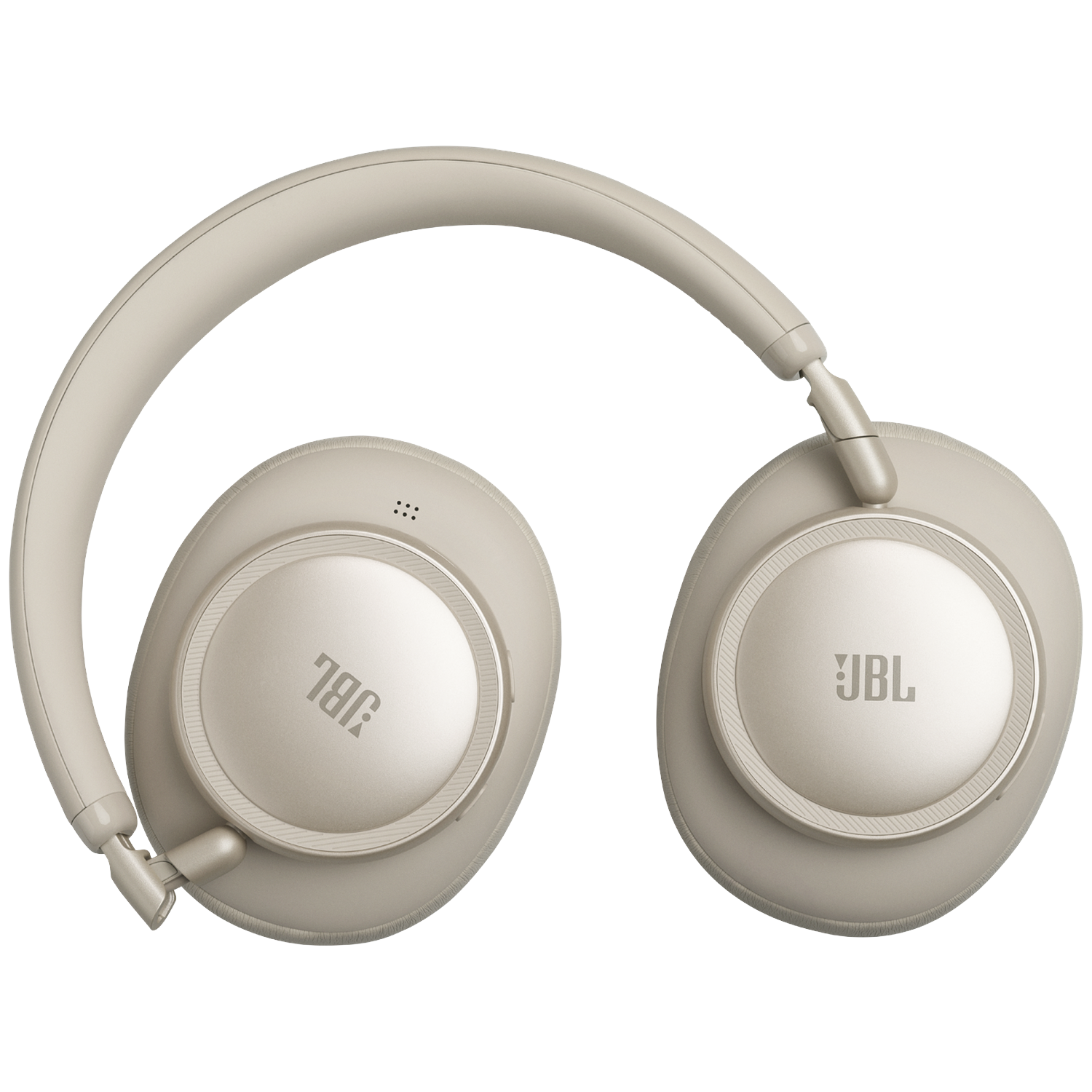 Beige JBL headphones with silver accents on a black background.