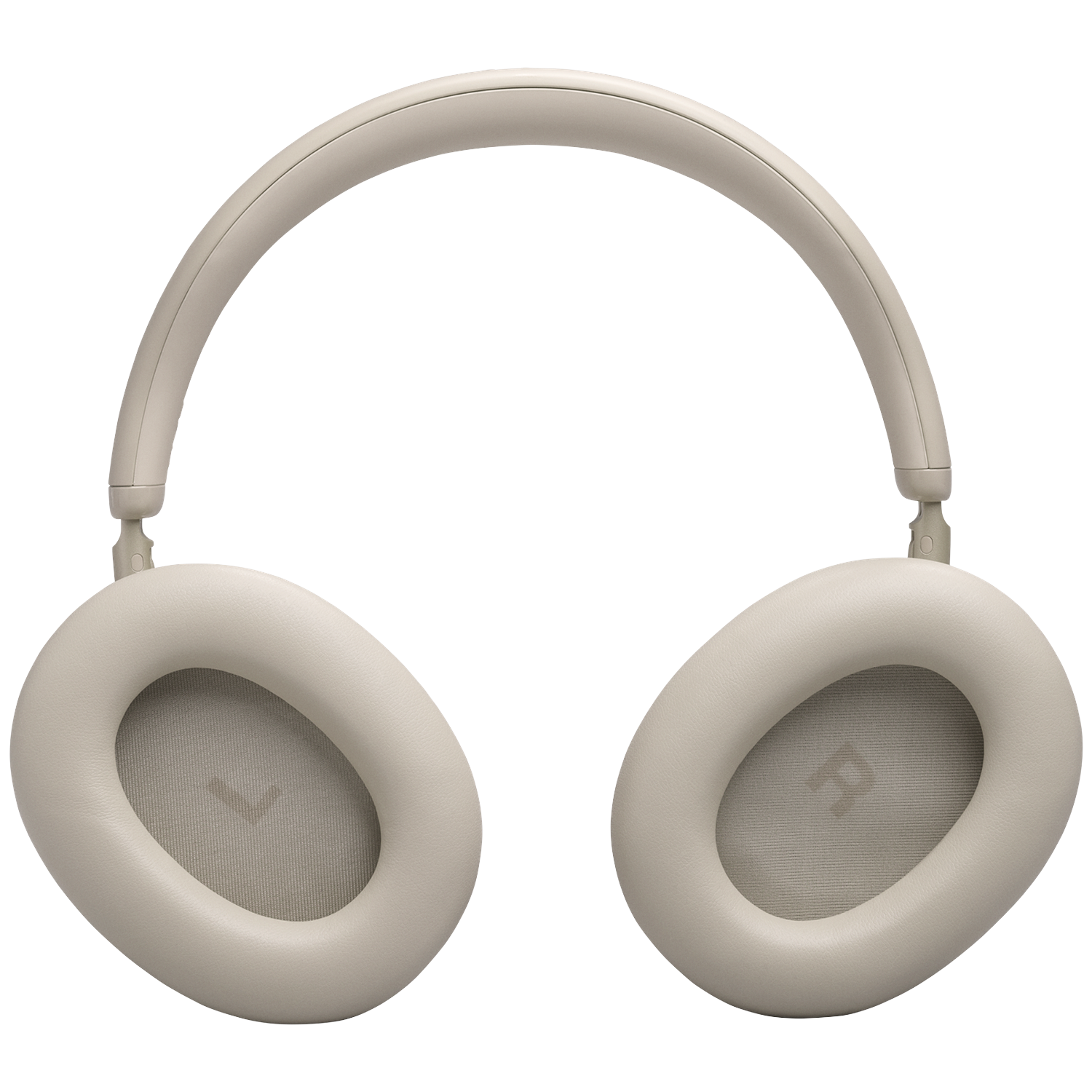 Beige over-ear headphones with cushioned earcups and a headband.