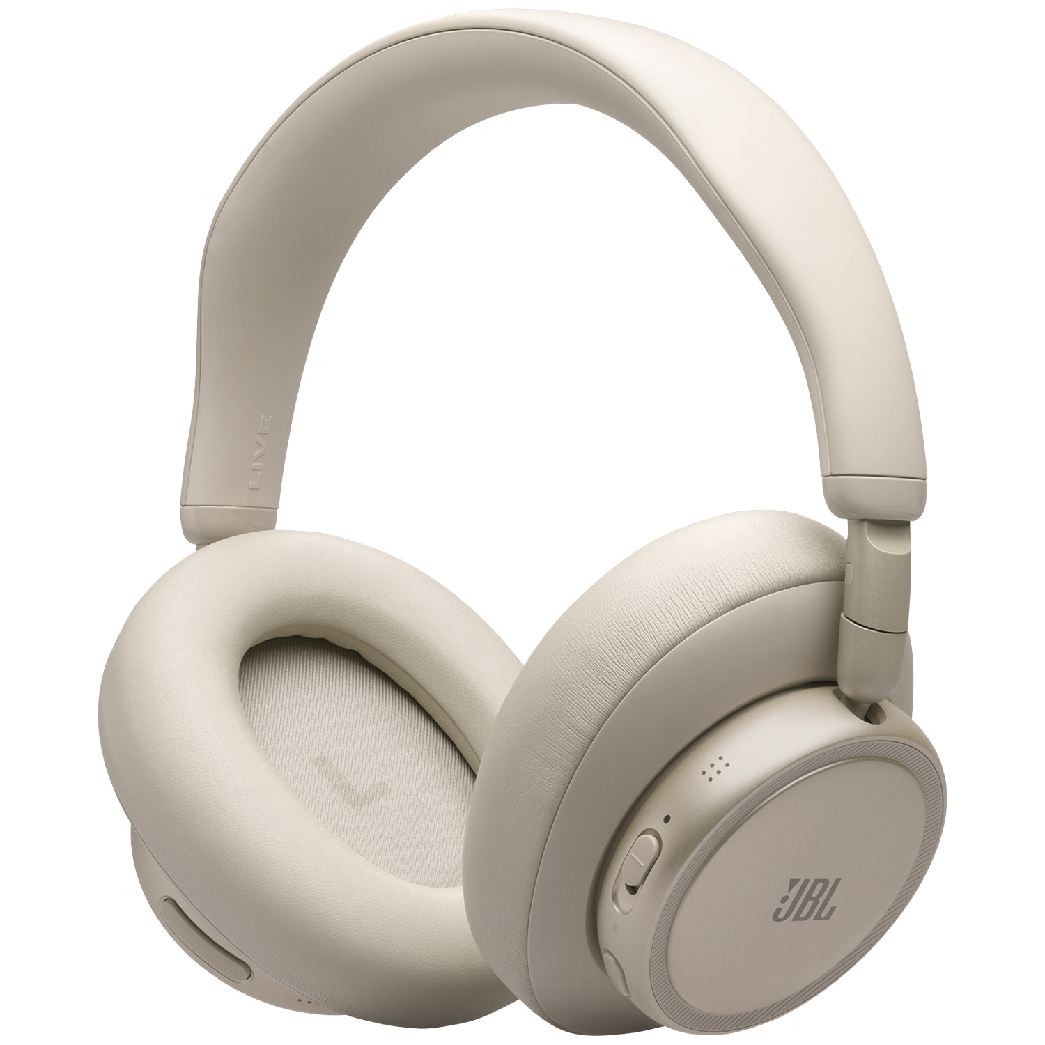 Beige JBL headphones with padded earcups and headband, black background.