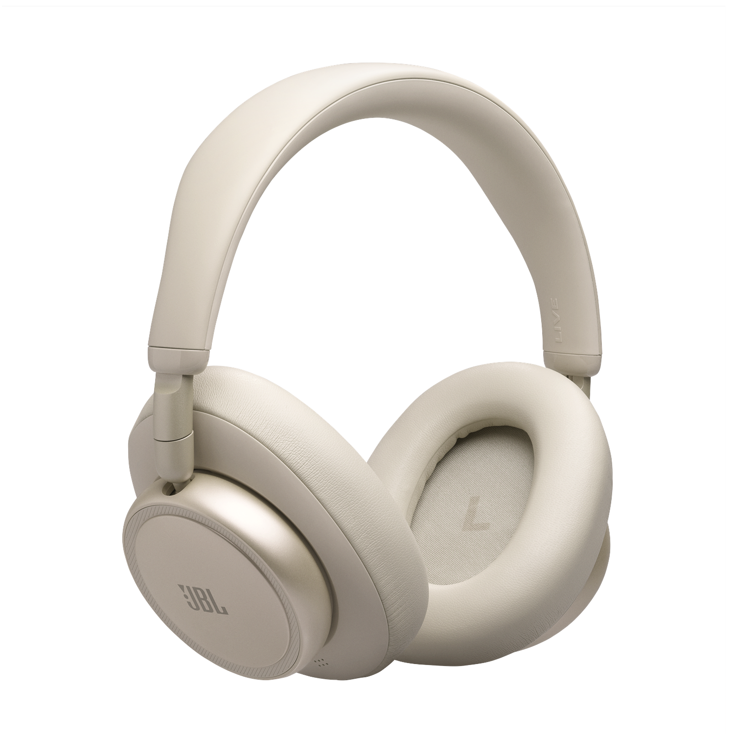 Beige JBL headphones against a black background.