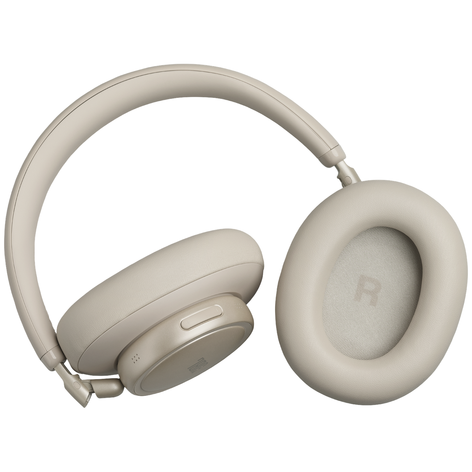 A beige over-ear headphone with a black background. The right earcup has an 'R' logo.