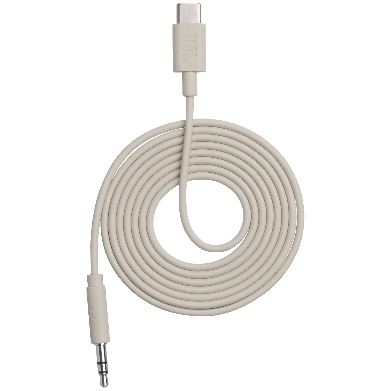 A coiled beige USB-C to 3.5mm audio cable with JBL logo on one end.