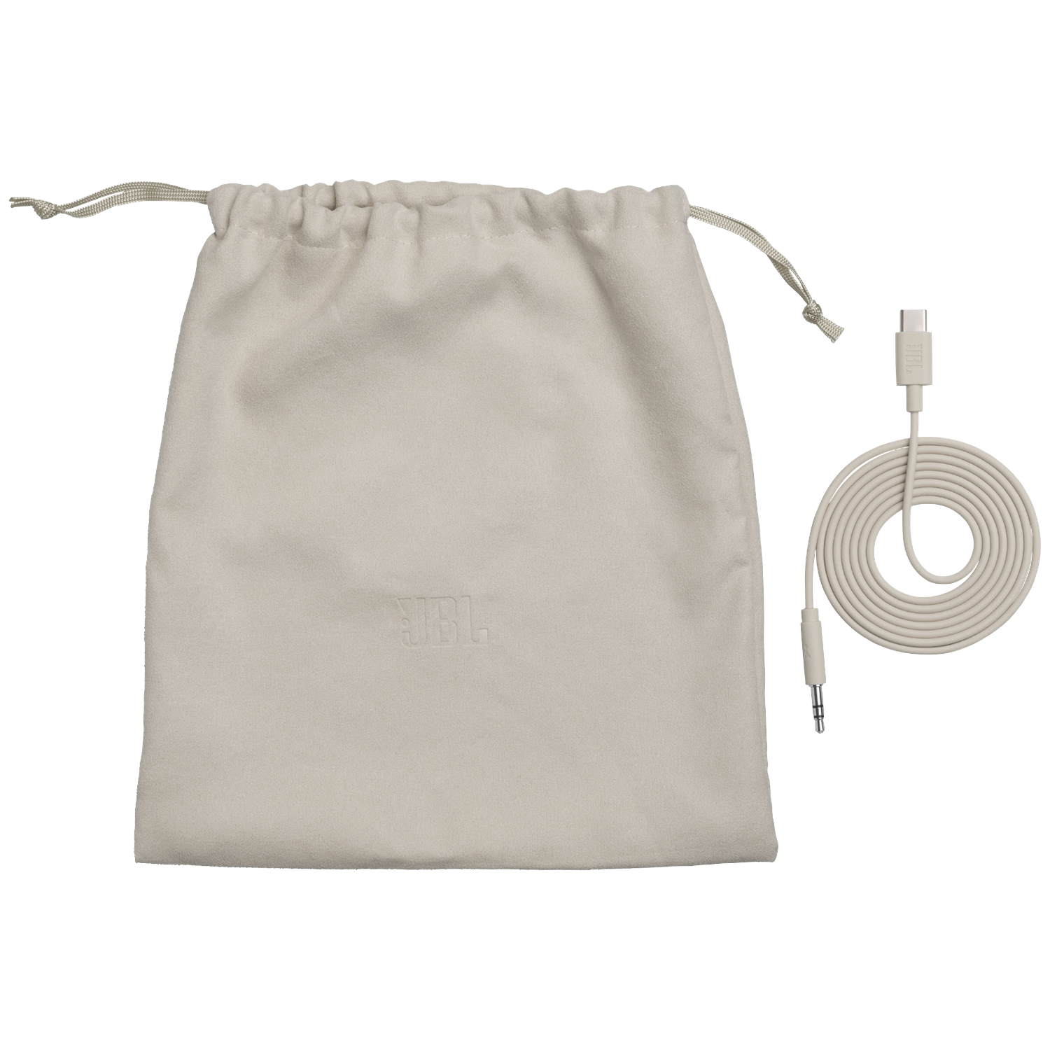 Beige pouch with JBL logo and white USB-C cable with 3.5mm jack.