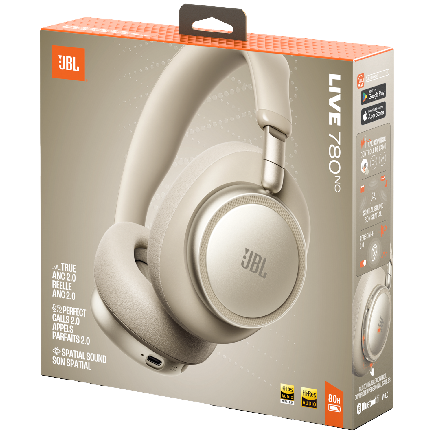 JBL LIVE 780NC headphones box with beige headphones and product features.