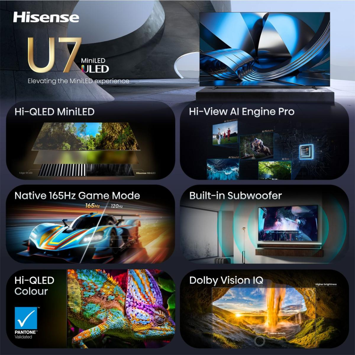 Hisense U7 MiniLED ULED TV Hi-QLED technológiával, 165Hz gam., mélynyomó, Dolby Vision IQ.